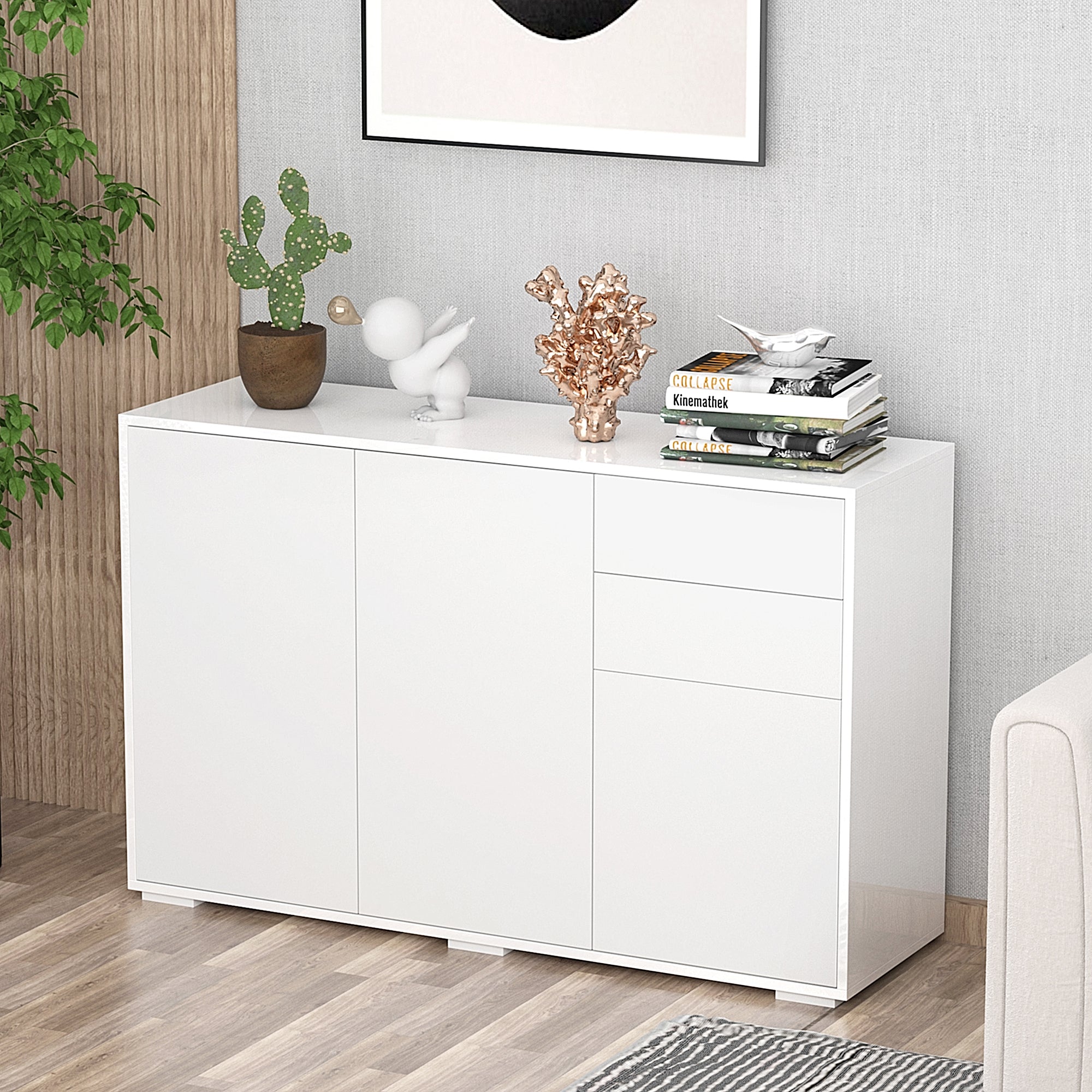 High Gloss Sideboard 117cm Wide With 3 Doors And 2 Drawers - Velmora