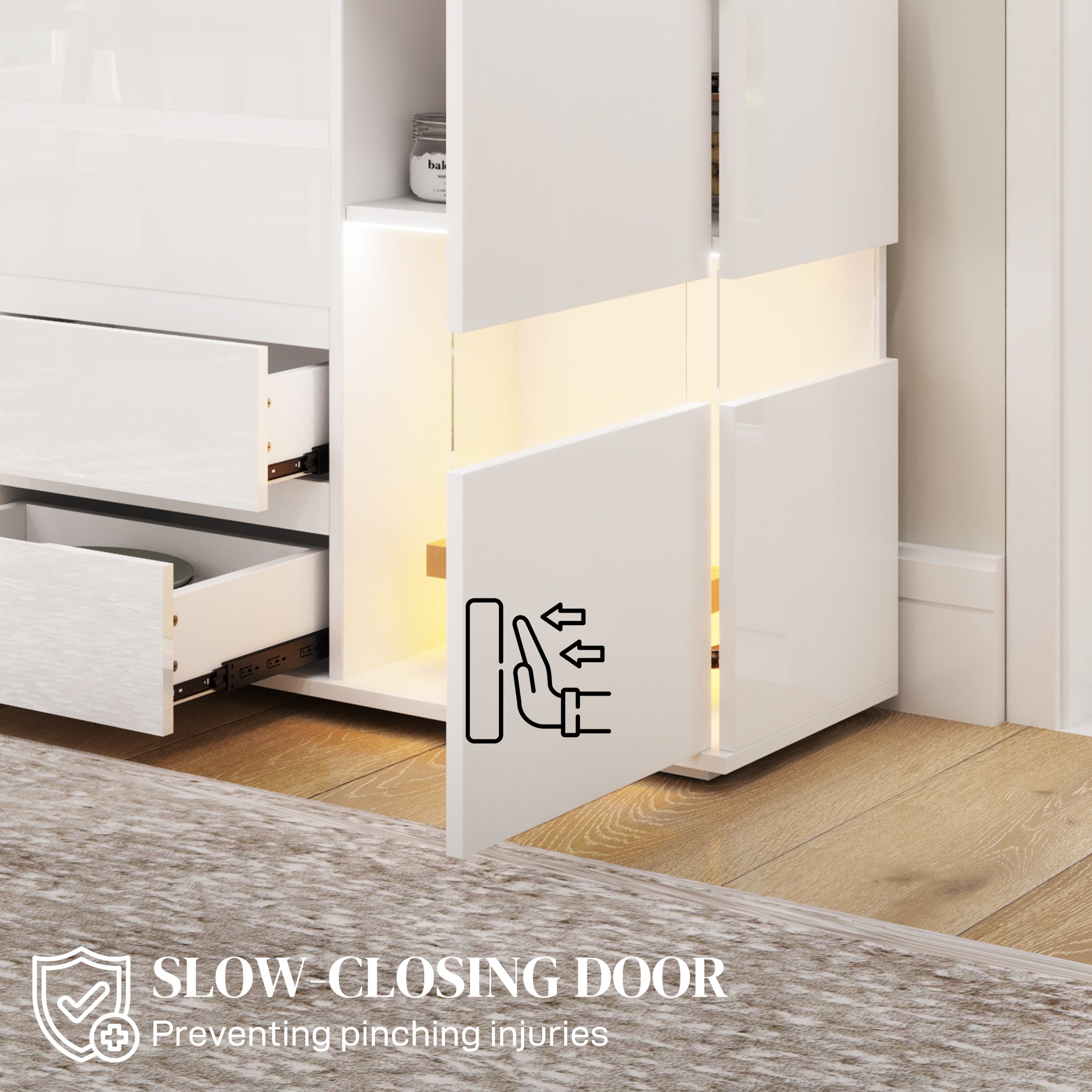 High Gloss Sideboard 120cm Wide With 2 Doors 4 Drawers And LED Lights - Velmora
