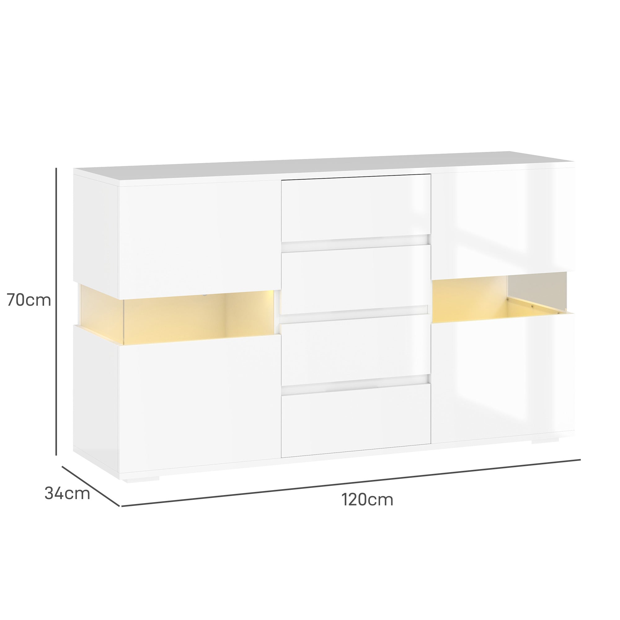 High Gloss Sideboard 120cm Wide With 2 Doors 4 Drawers And LED Lights - Velmora