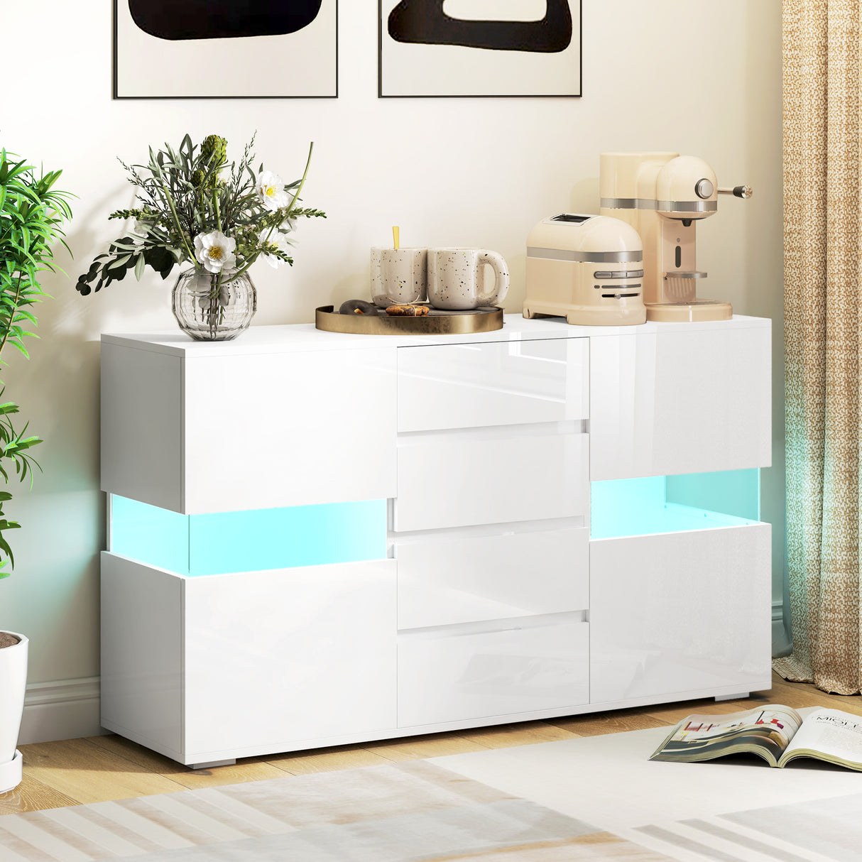 High Gloss Sideboard 120cm Wide With 2 Doors 4 Drawers And LED Lights - Velmora