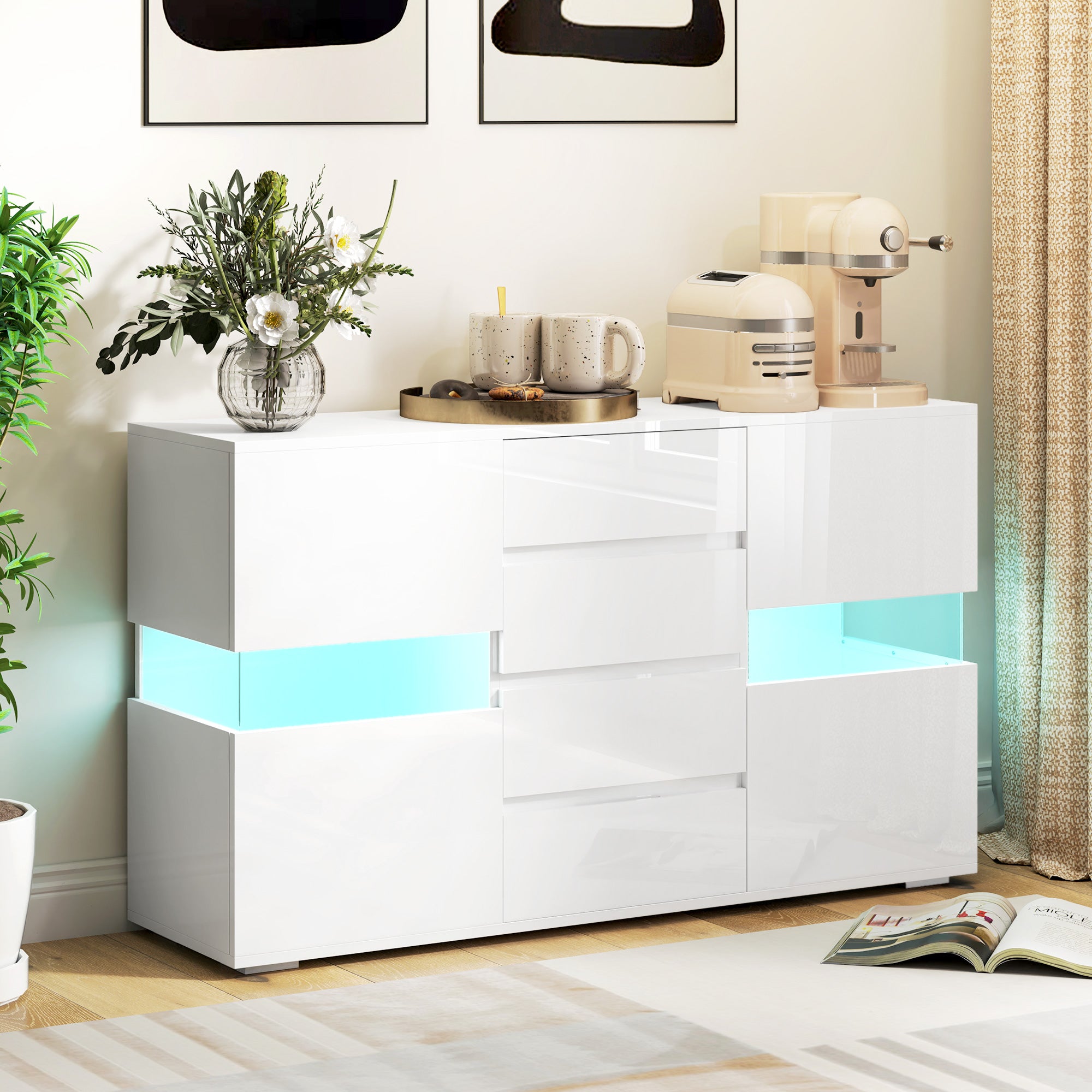 High Gloss Sideboard 120cm Wide With 2 Doors 4 Drawers And LED Lights - Velmora