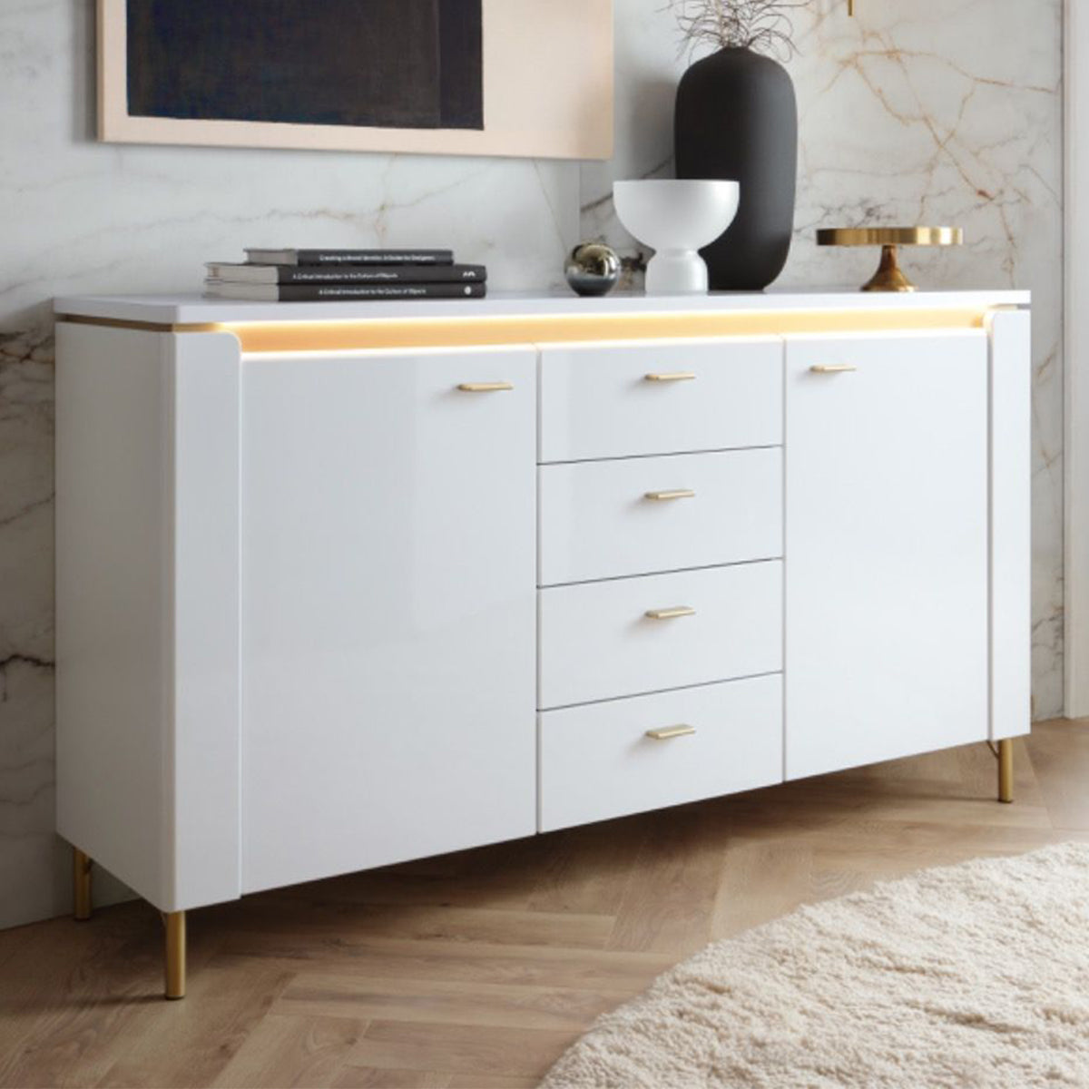 High Gloss Sideboard With 2 Doors 4 Drawers And LED Lights - Lazio