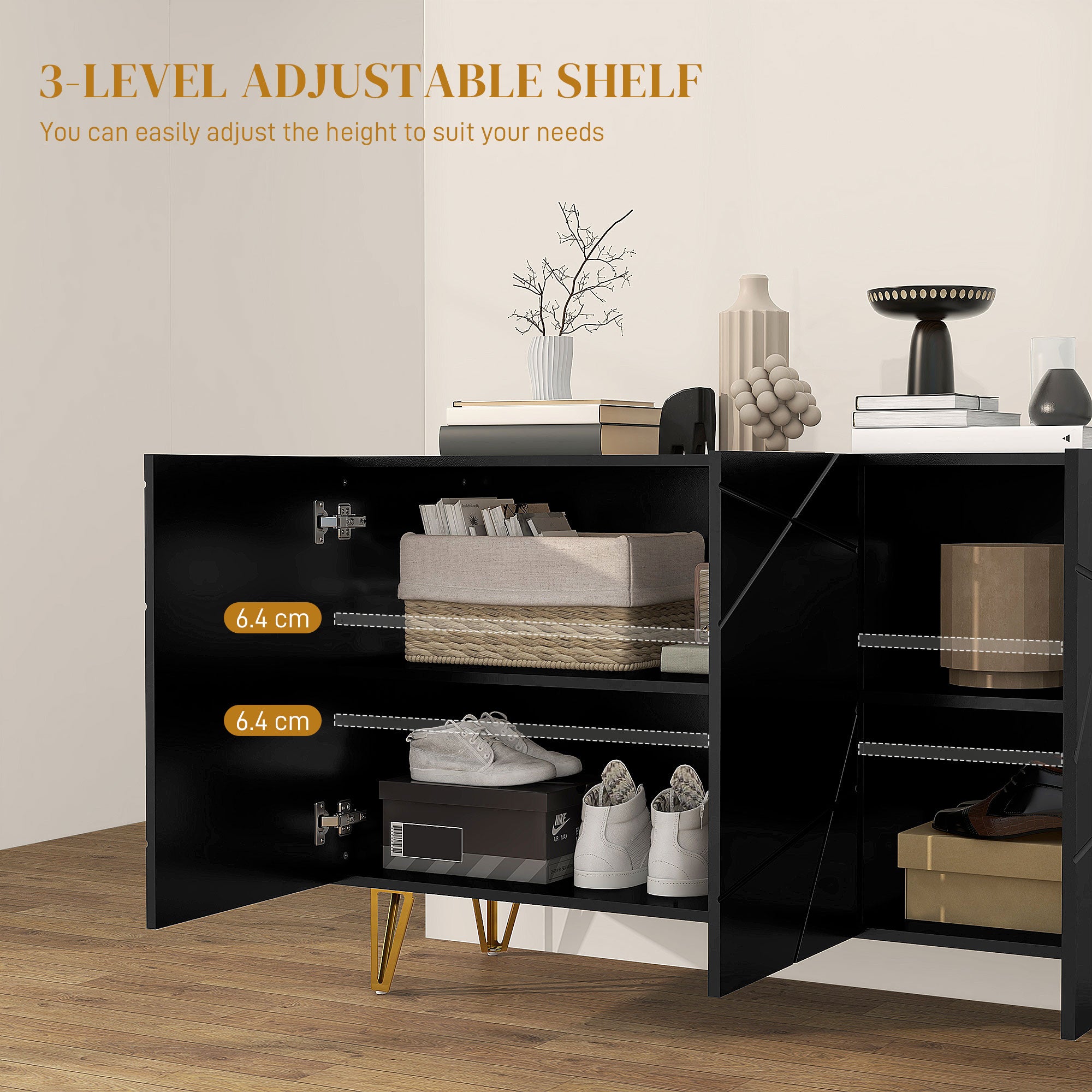 High Gloss Storage Cabinet 120cm Wide With 3 Doors - Velmora