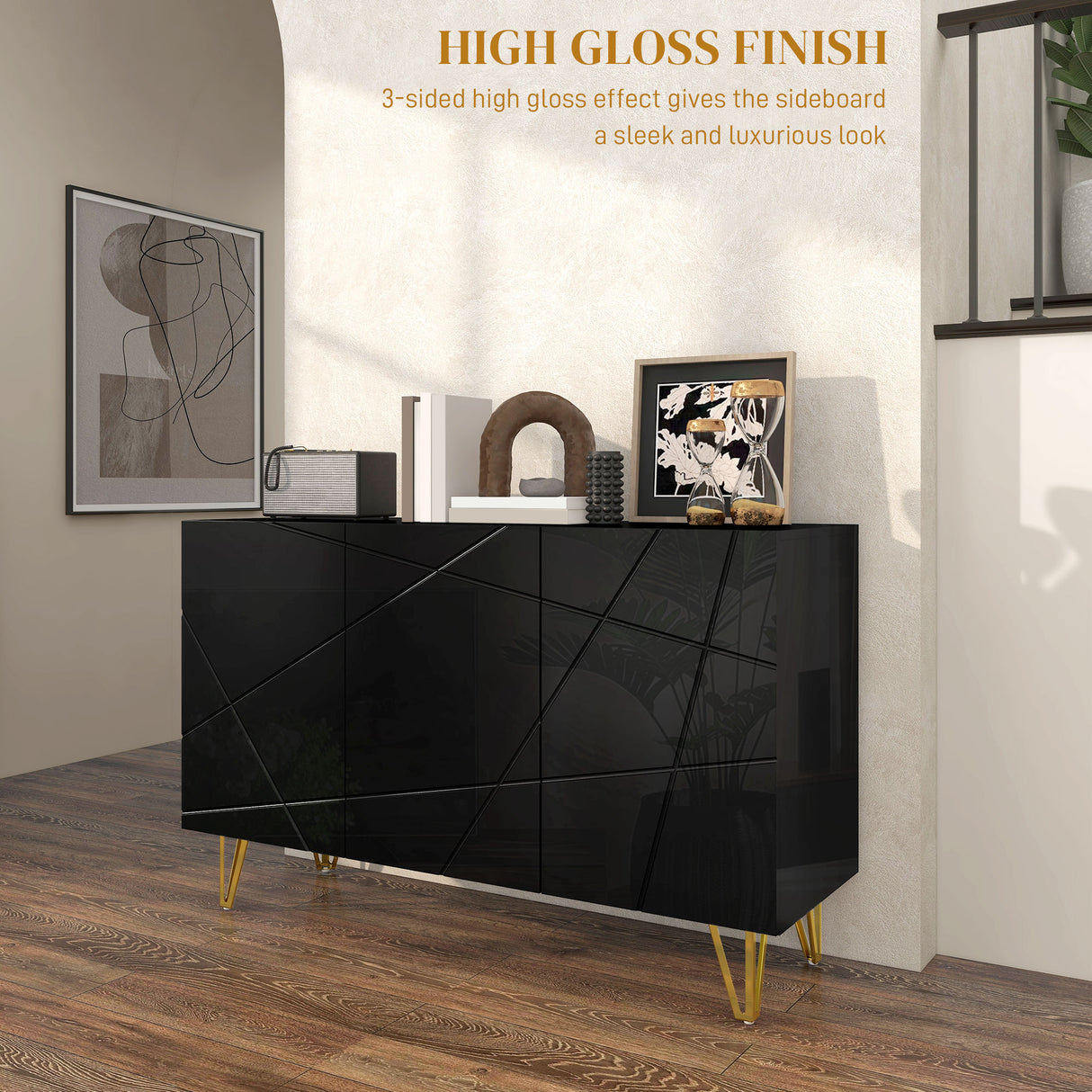 High Gloss Storage Cabinet 120cm Wide With 3 Doors - Velmora