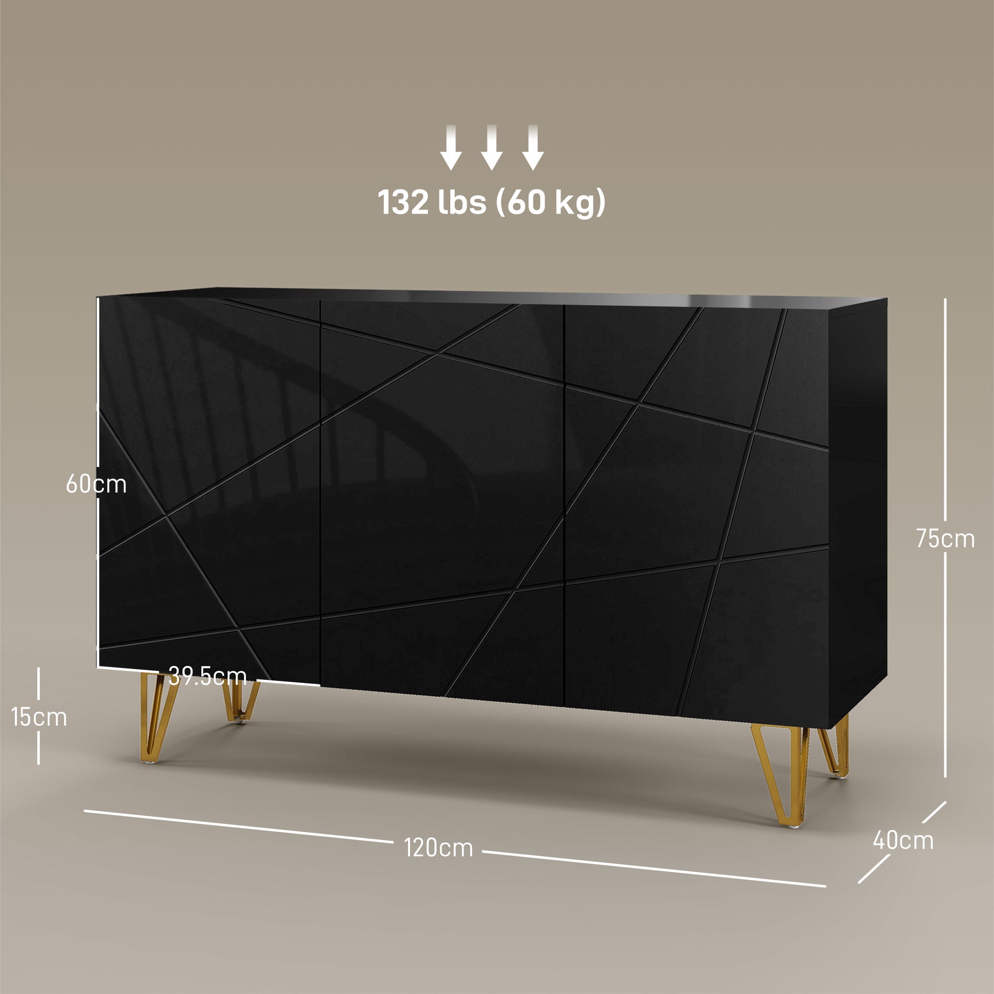High Gloss Storage Cabinet 120cm Wide With 3 Doors - Velmora