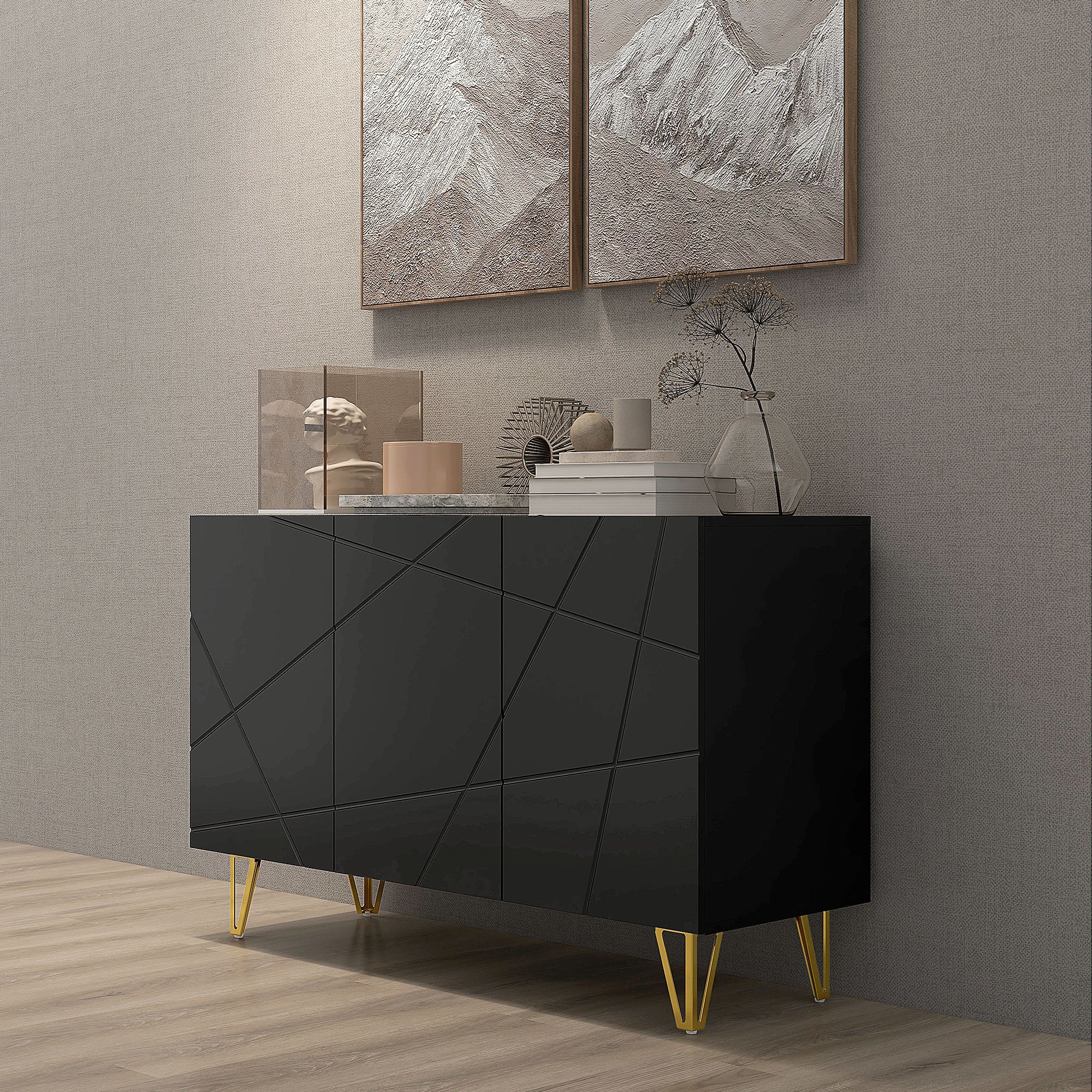 High Gloss Storage Cabinet 120cm Wide With 3 Doors - Velmora