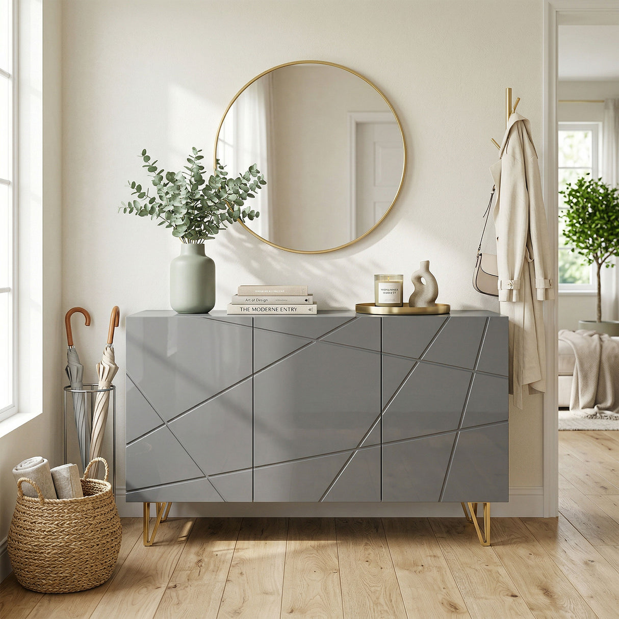 High Gloss Storage Cabinet 120cm Wide With 3 Doors - Velmora