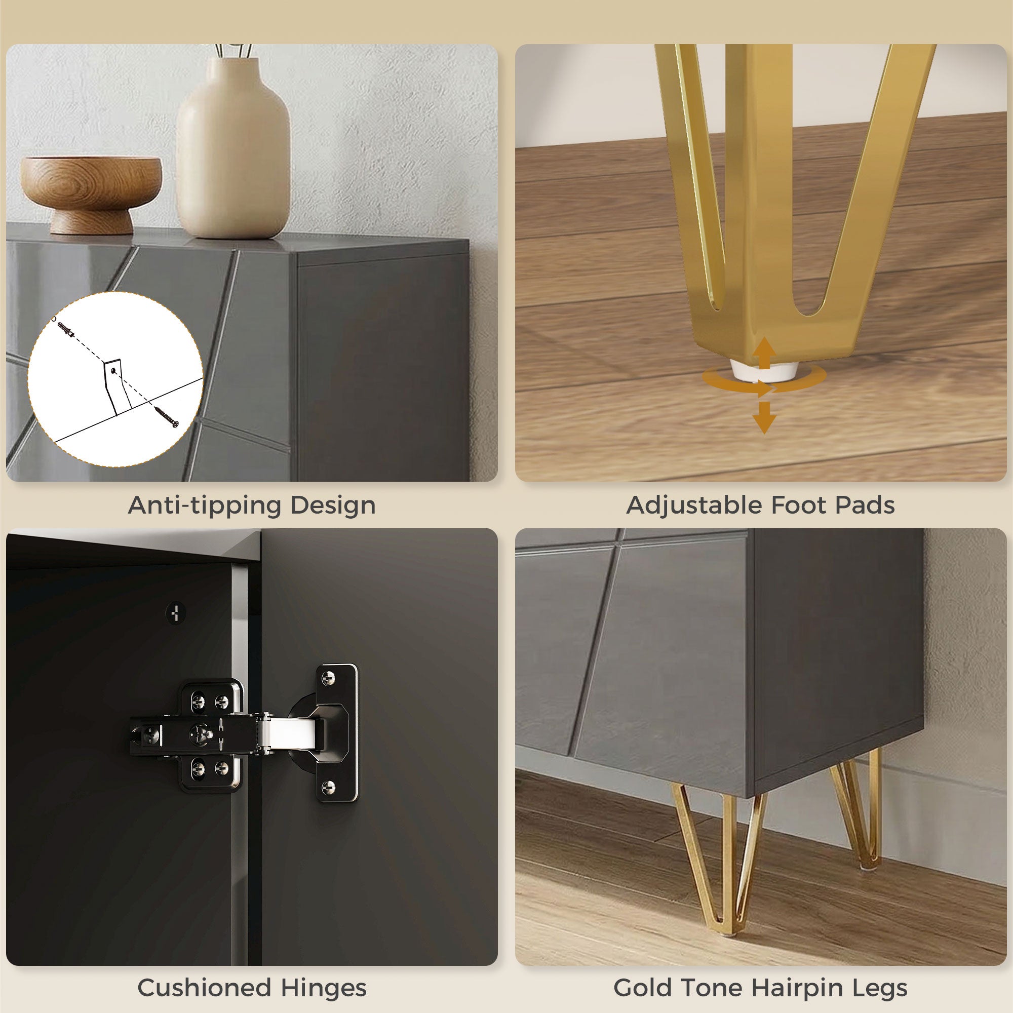 High Gloss Storage Cabinet 120cm Wide With 3 Doors - Velmora