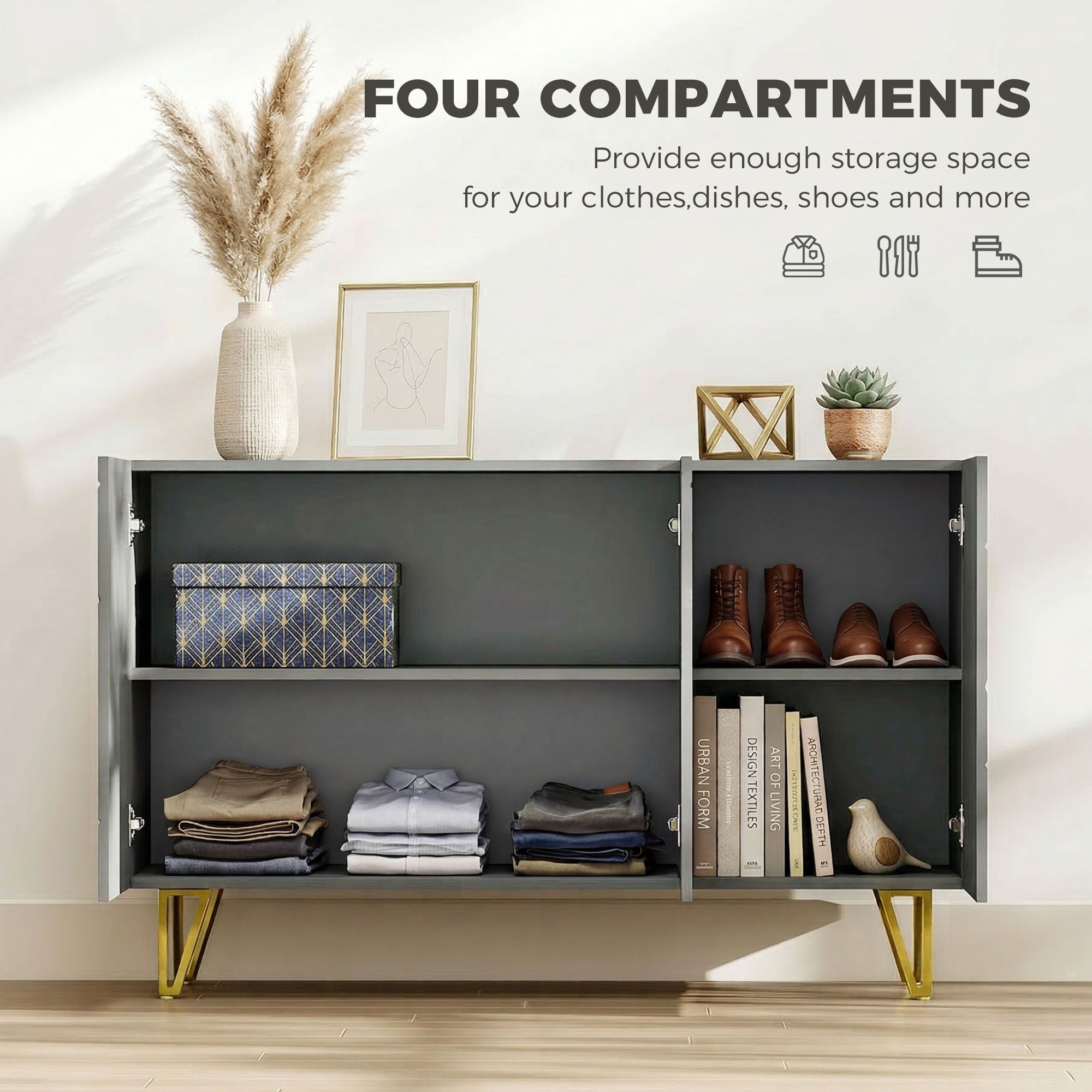 High Gloss Storage Cabinet 120cm Wide With 3 Doors - Velmora