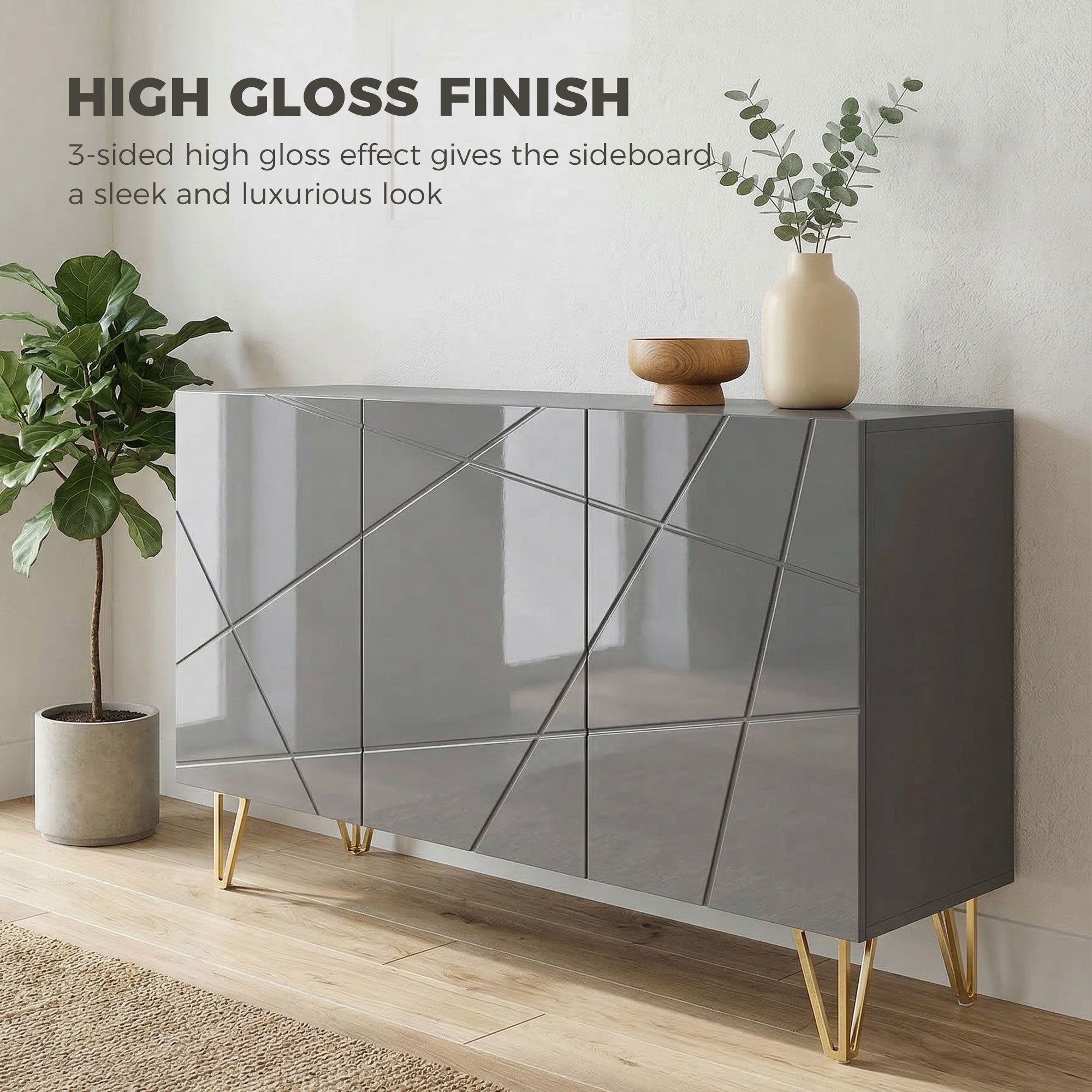 High Gloss Storage Cabinet 120cm Wide With 3 Doors - Velmora