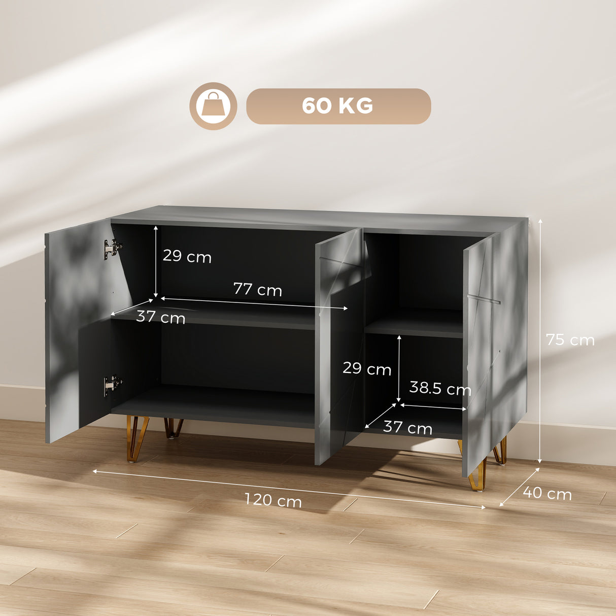 High Gloss Storage Cabinet 120cm Wide With 3 Doors - Velmora