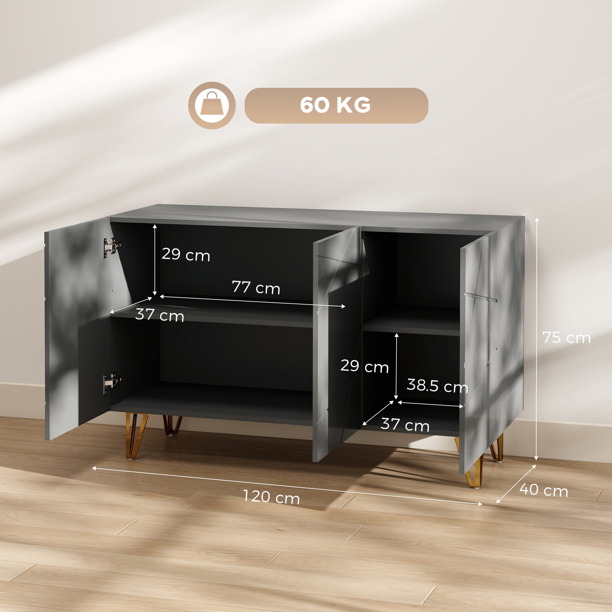 High Gloss Storage Cabinet 120cm Wide With 3 Doors - Velmora