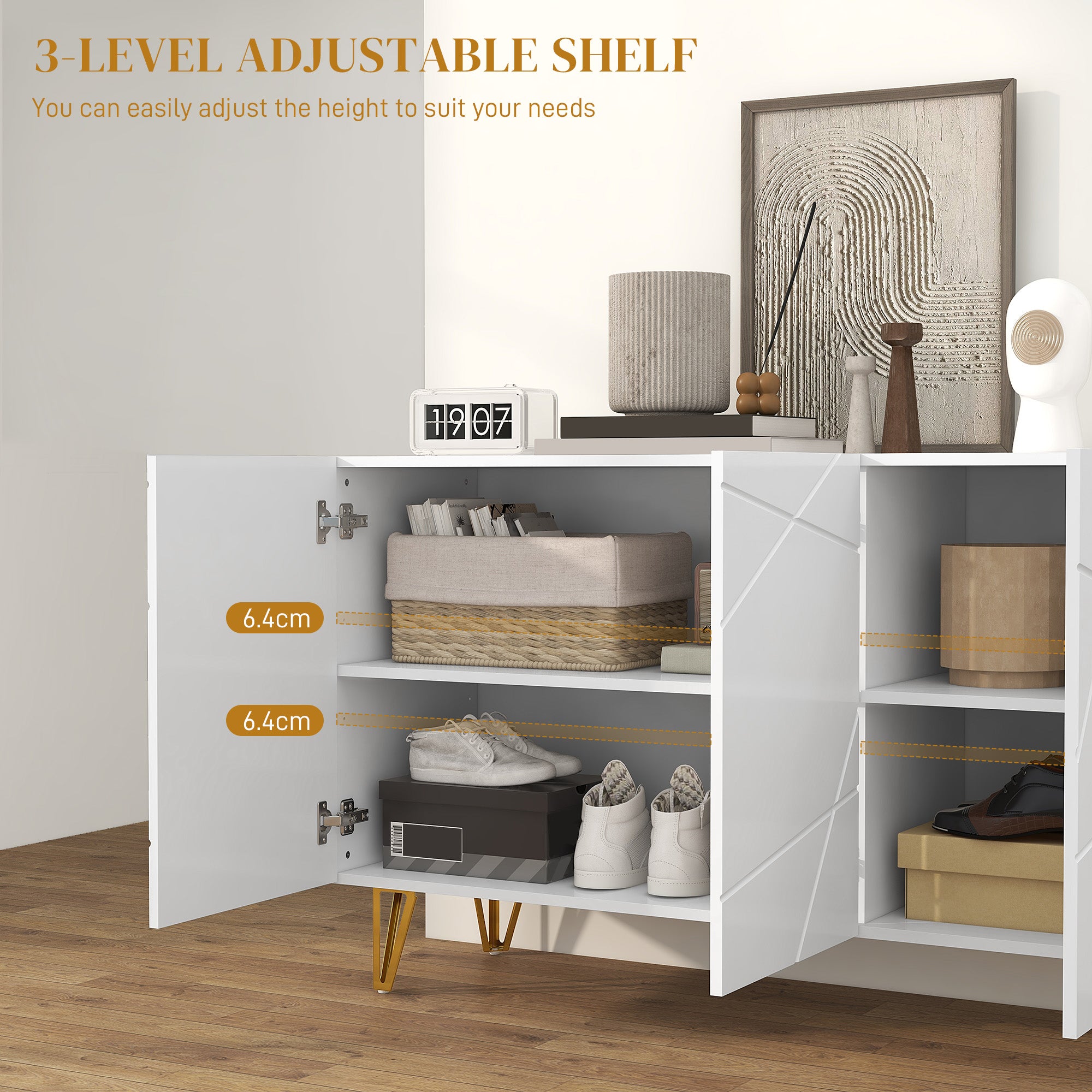 High Gloss Storage Cabinet 120cm Wide With 3 Doors - Velmora