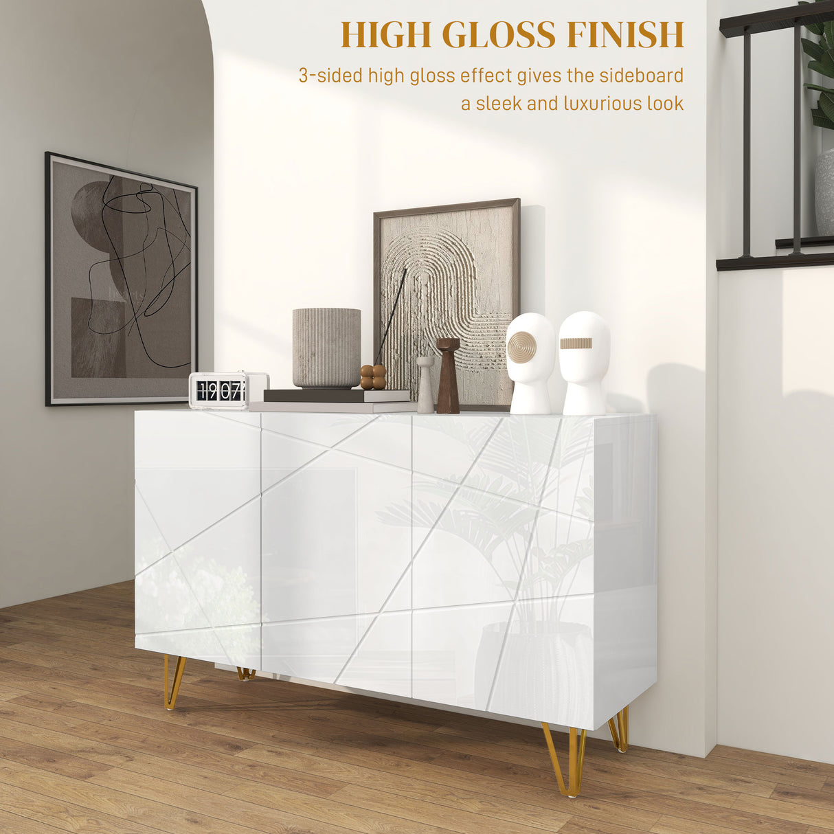 High Gloss Storage Cabinet 120cm Wide With 3 Doors - Velmora