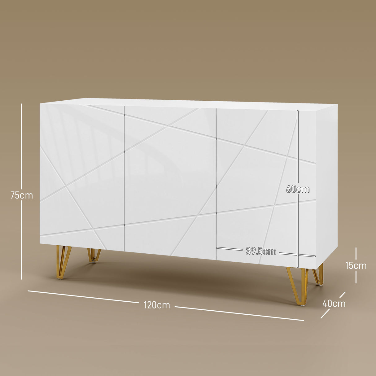 High Gloss Storage Cabinet 120cm Wide With 3 Doors - Velmora