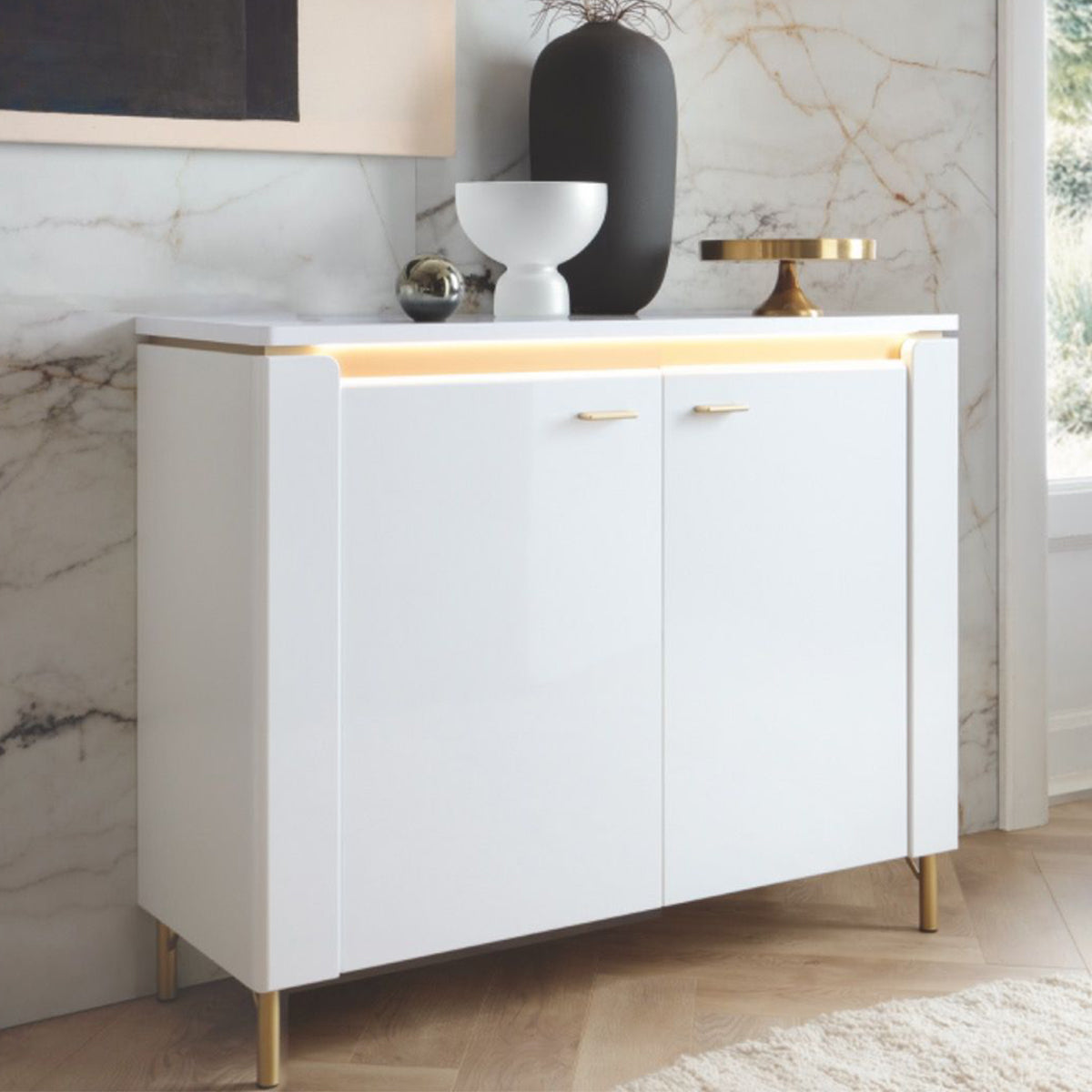 High Gloss Storage Cabinet With 2 Doors And LED Lights - Lazio