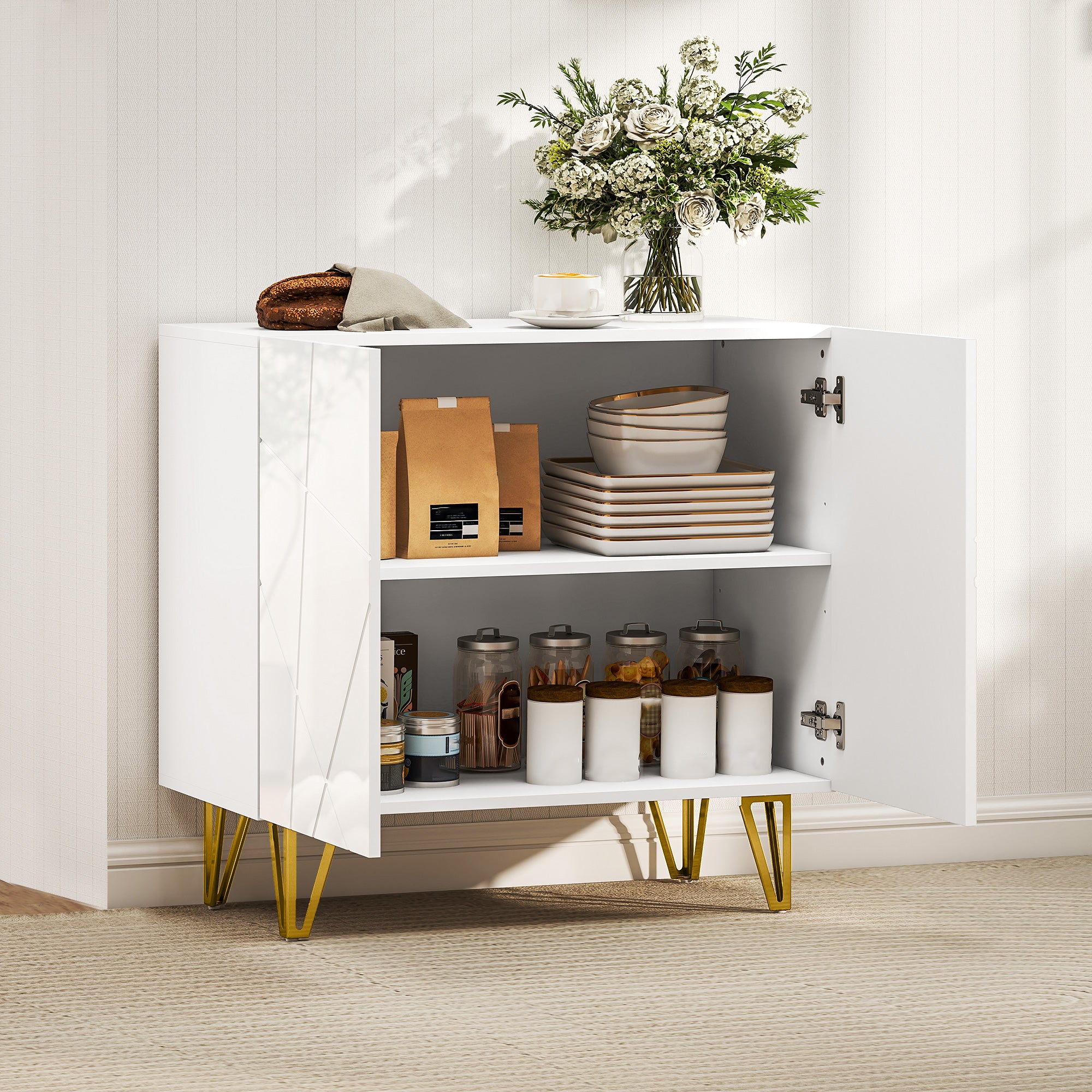 High Gloss Storage Cabinet 80cm Wide With 2 Doors - Velmora