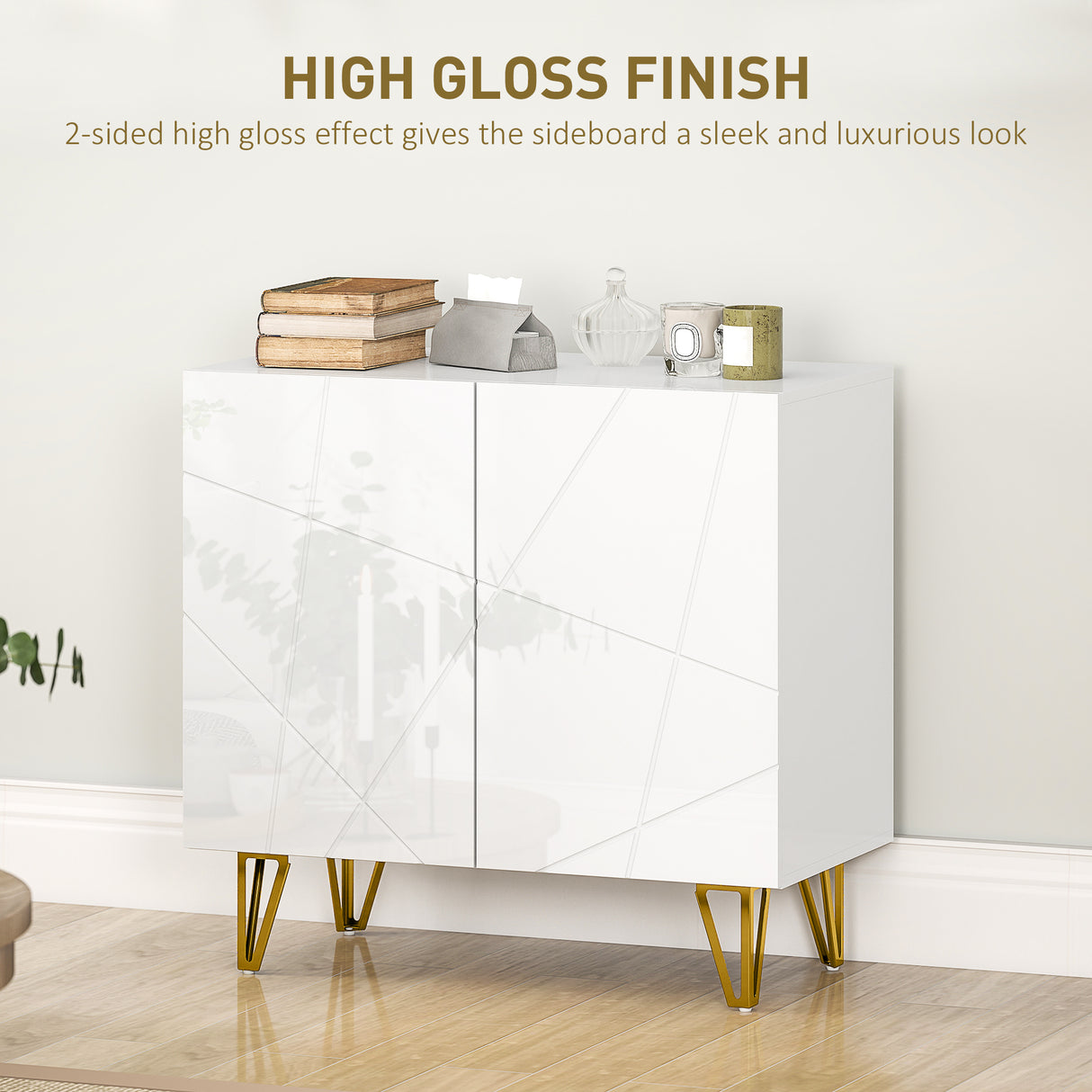 High Gloss Storage Cabinet 80cm Wide With 2 Doors - Velmora