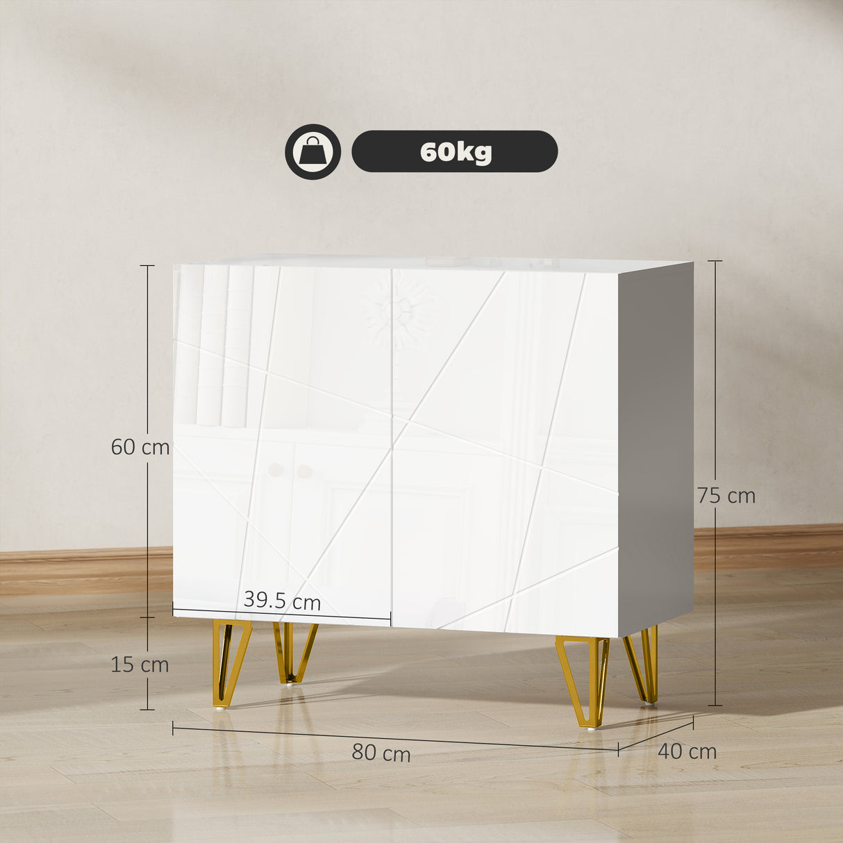 High Gloss Storage Cabinet 80cm Wide With 2 Doors - Velmora