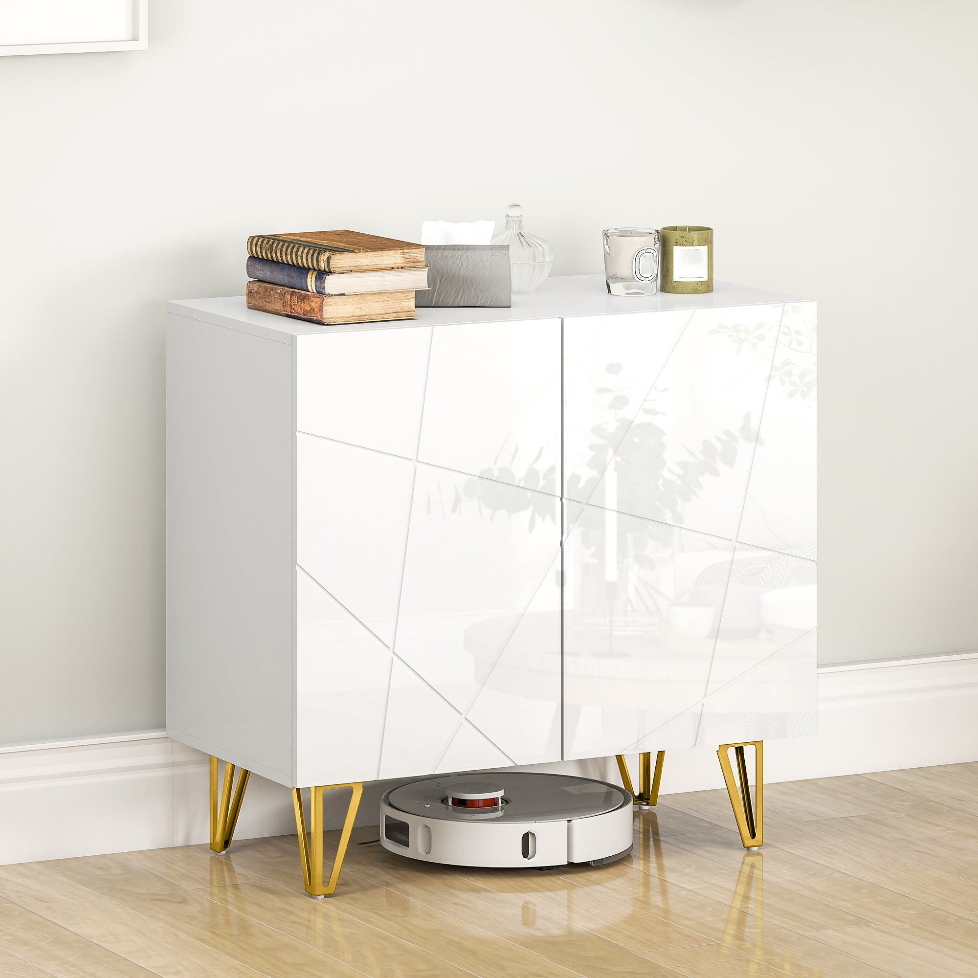 High Gloss Storage Cabinet 80cm Wide With 2 Doors - Velmora