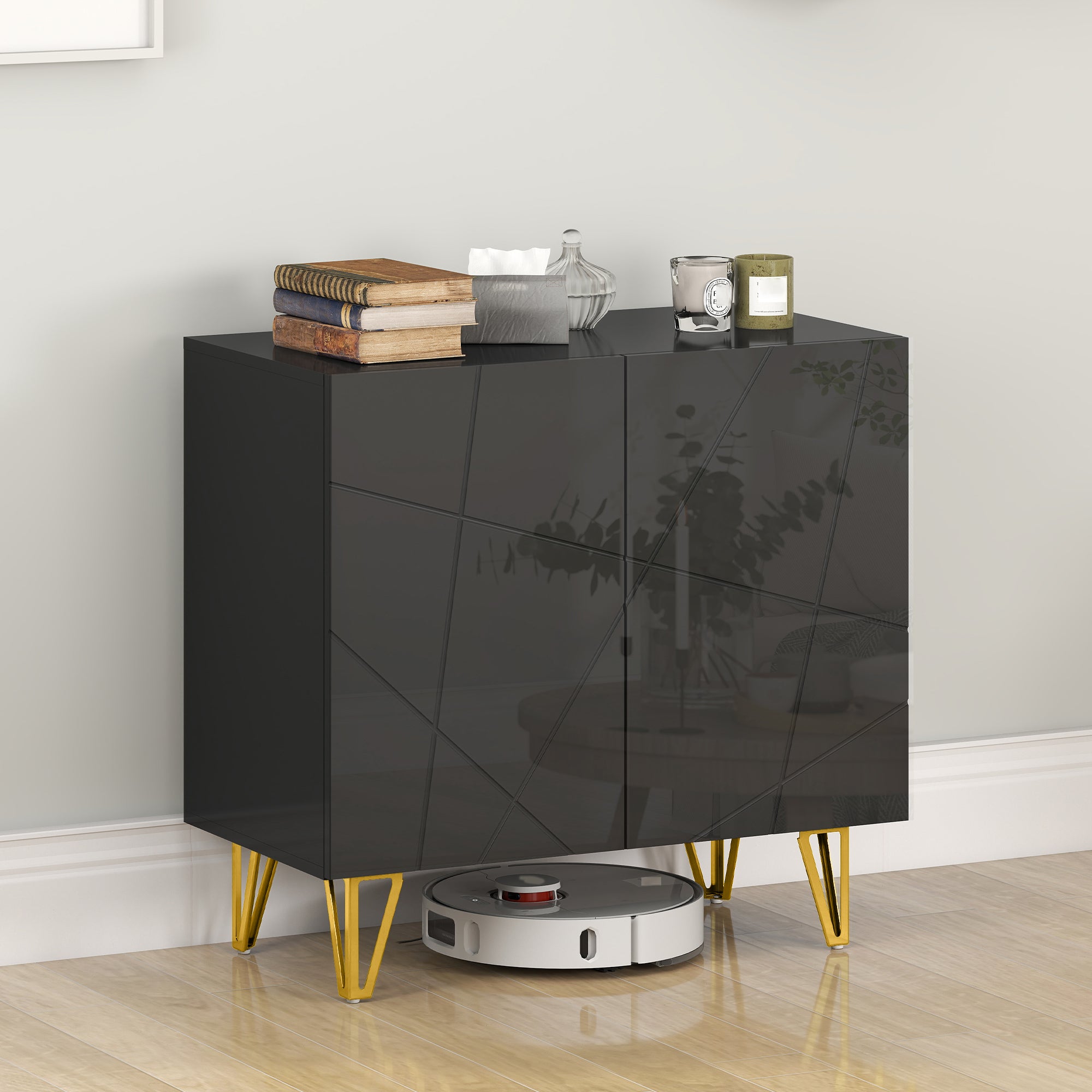 High Gloss Storage Cabinet 80cm Wide With 2 Doors - Velmora