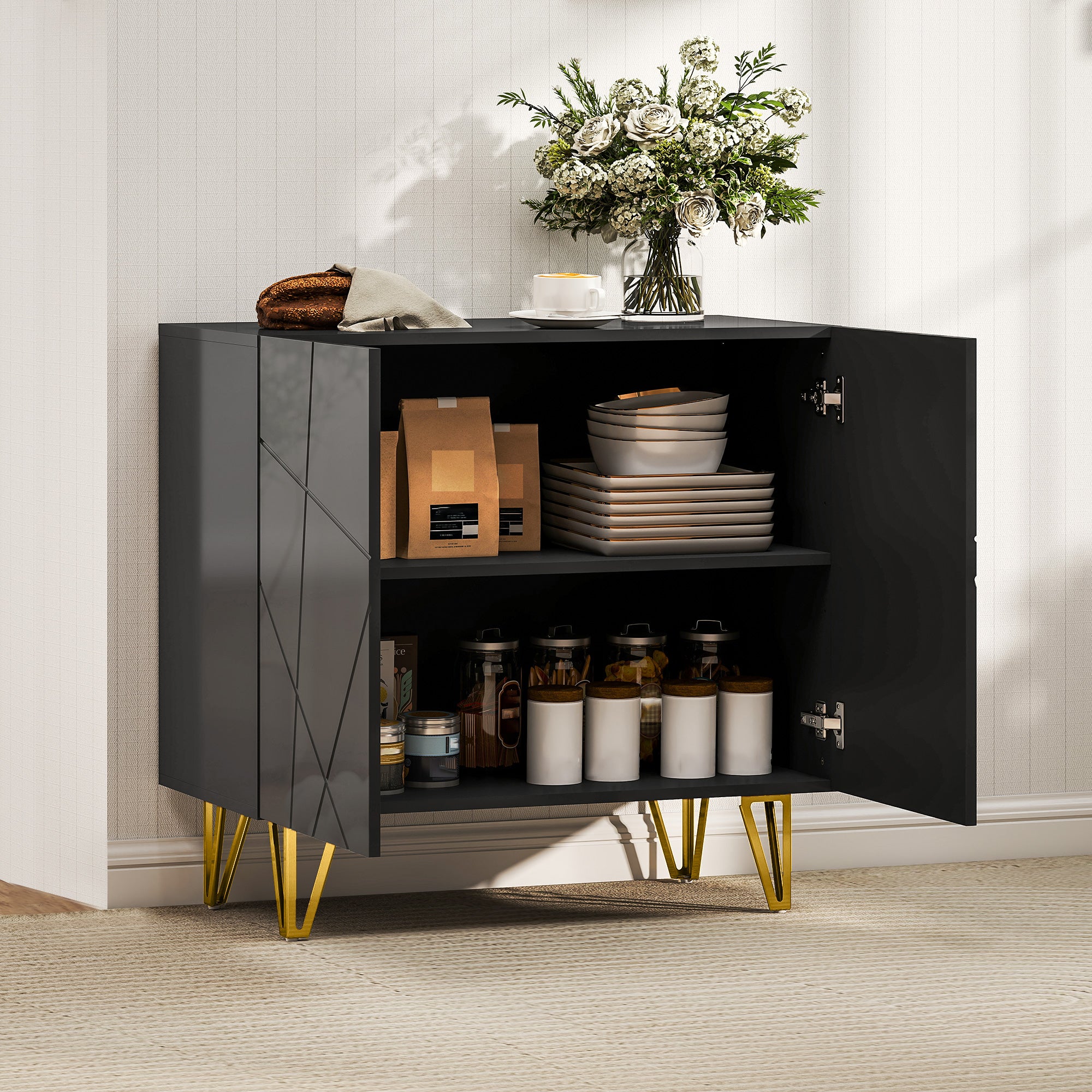 High Gloss Storage Cabinet 80cm Wide With 2 Doors - Velmora
