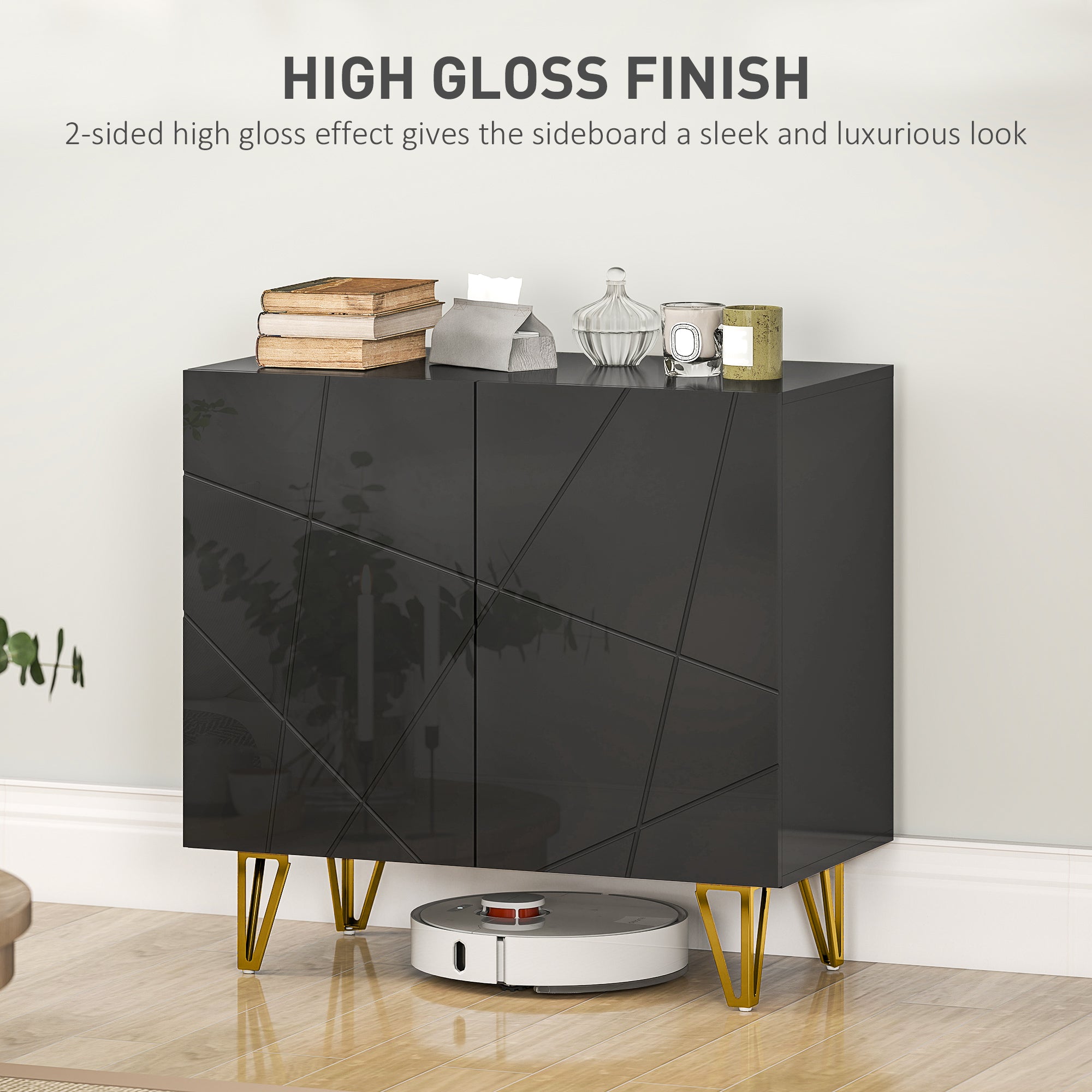 High Gloss Storage Cabinet 80cm Wide With 2 Doors - Velmora