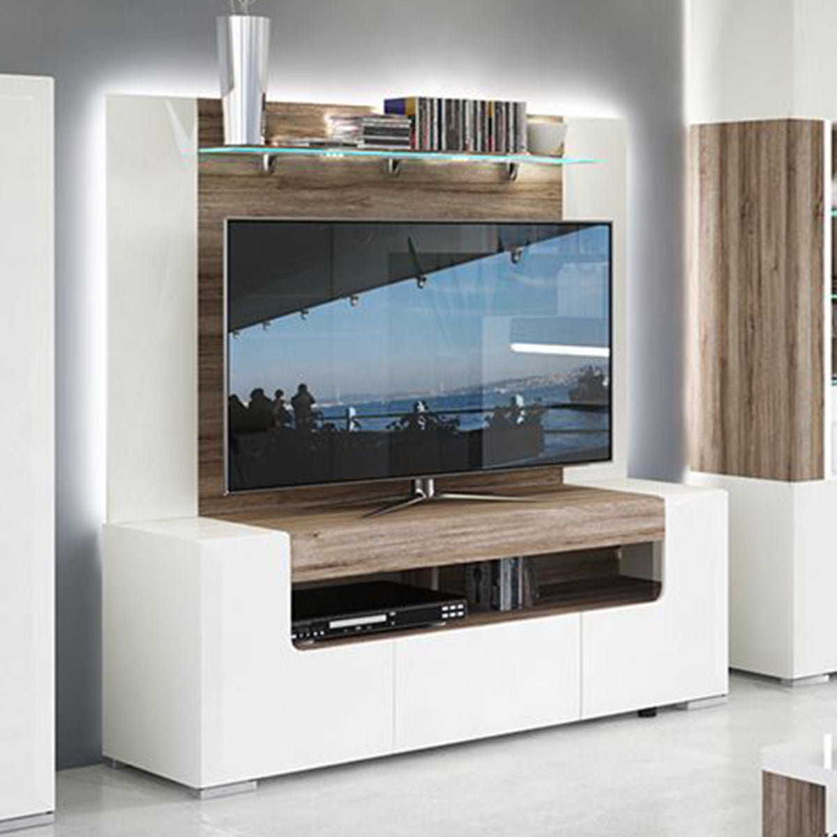 High Gloss TV Stand 140cm Wide With 2 Doors And 1 Drawer - Toronto
