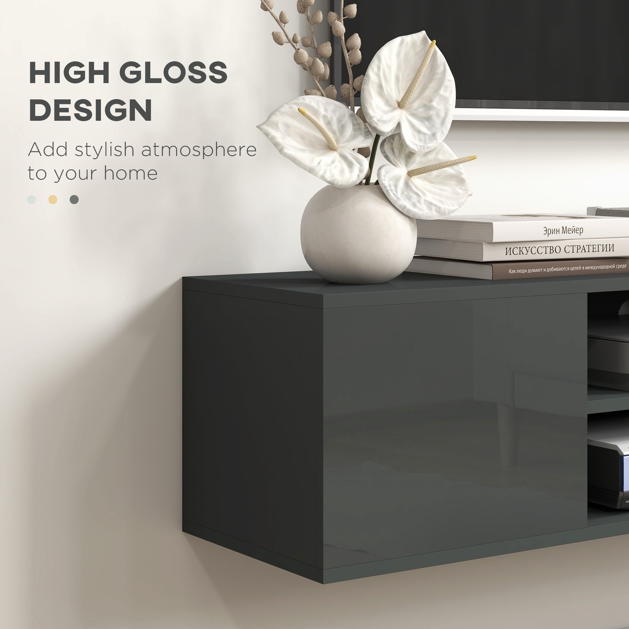 High Gloss TV Stand 140cm Wide Wall Mounted With 2 Doors - Velmora