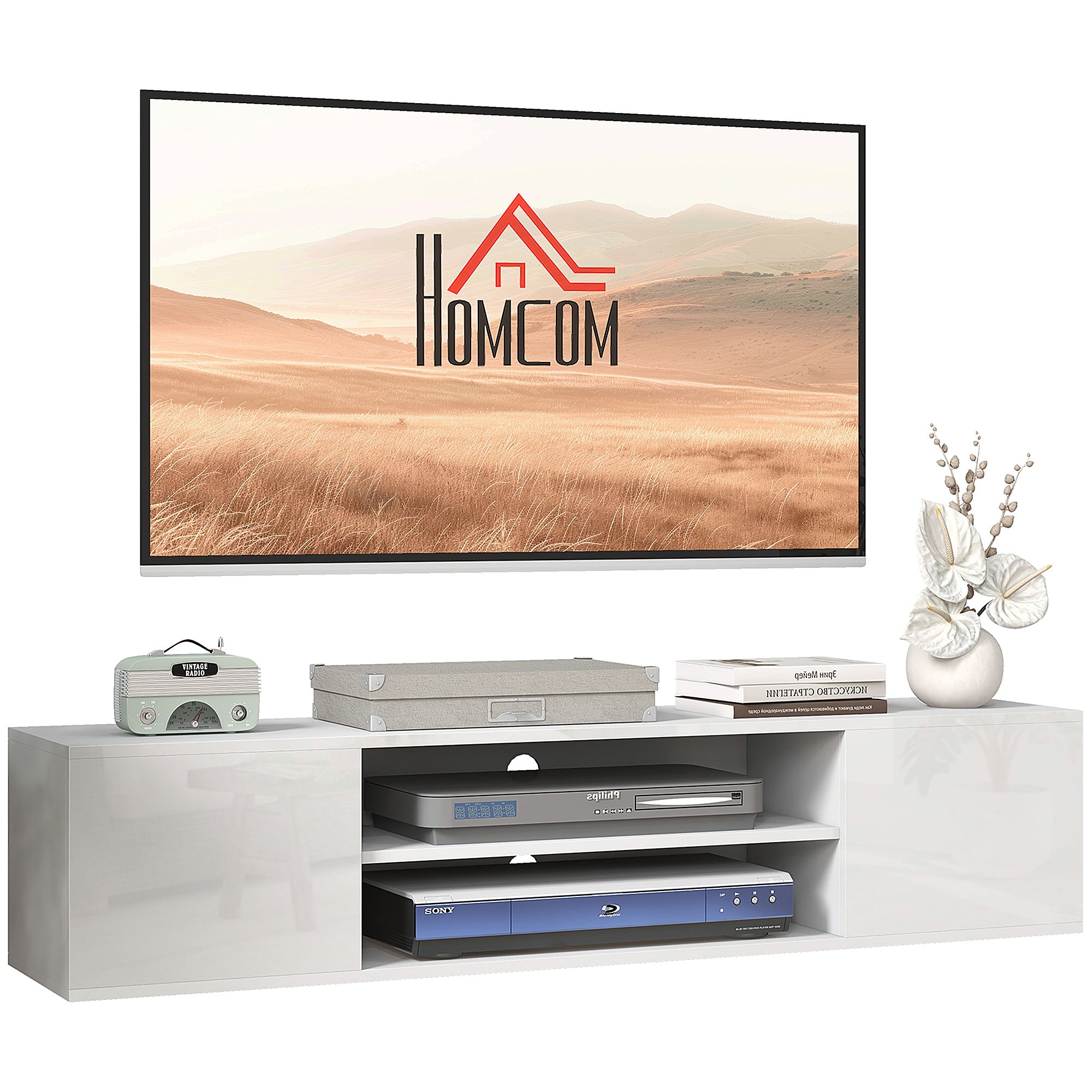 High Gloss TV Stand 140cm Wide Wall Mounted With 2 Doors - Velmora