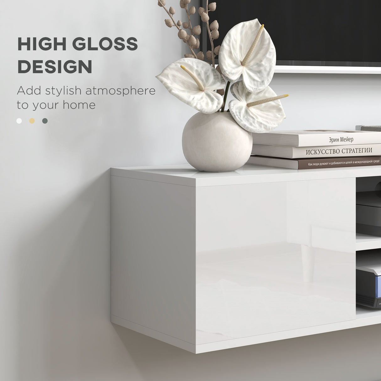 High Gloss TV Stand 140cm Wide Wall Mounted With 2 Doors - Velmora