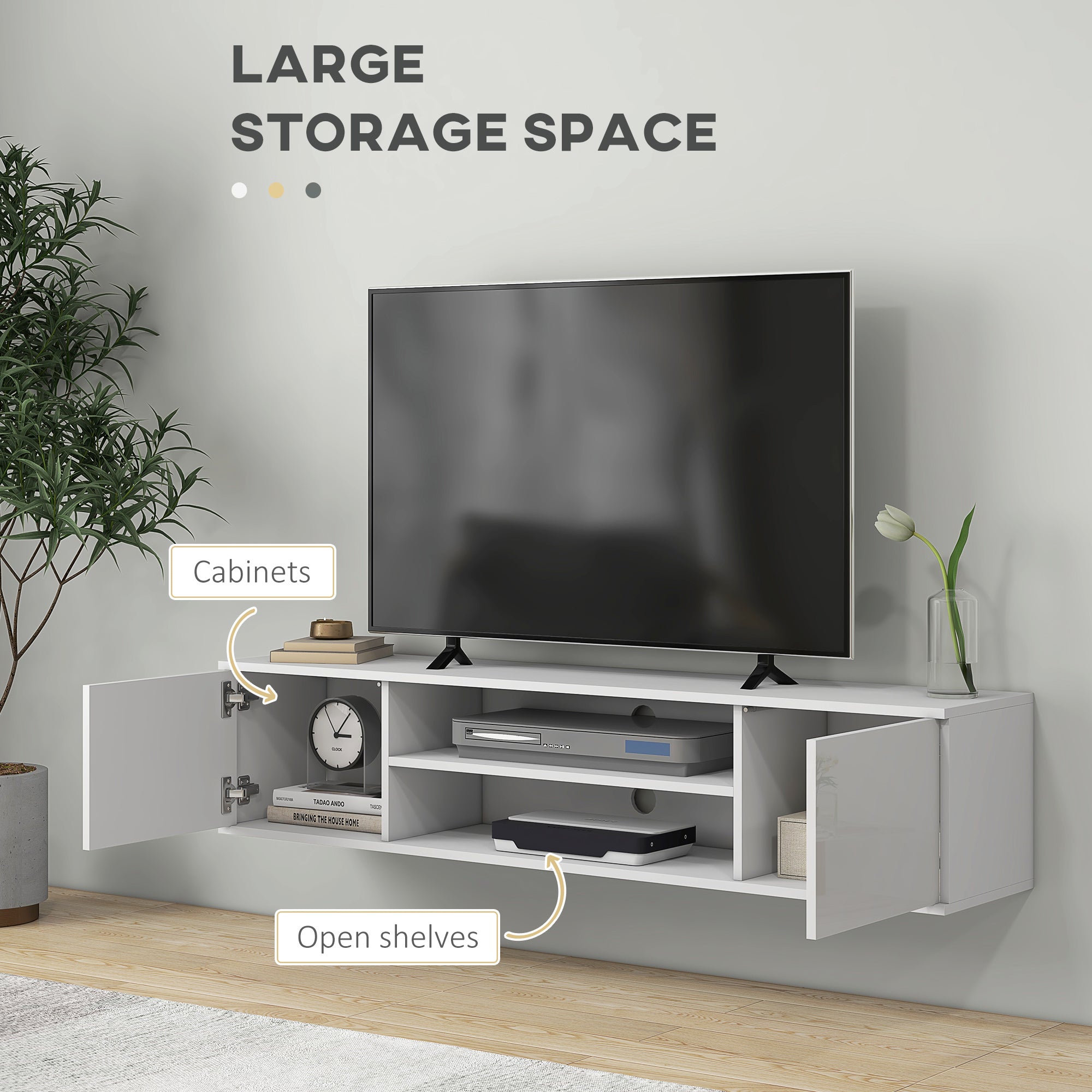 High Gloss TV Stand 140cm Wide Wall Mounted With 2 Doors - Velmora