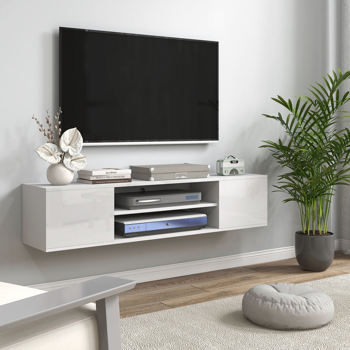 High Gloss TV Stand 140cm Wide Wall Mounted With 2 Doors - Velmora