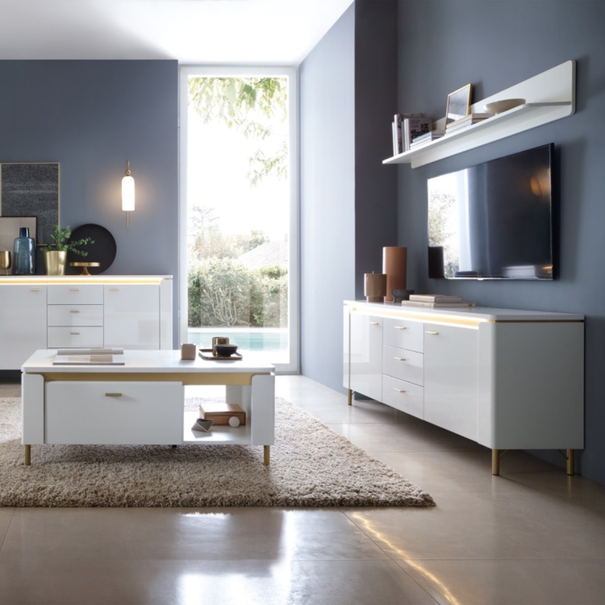 High Gloss TV Stand With 2 Doors 3 Drawers And LED Lights - Lazio