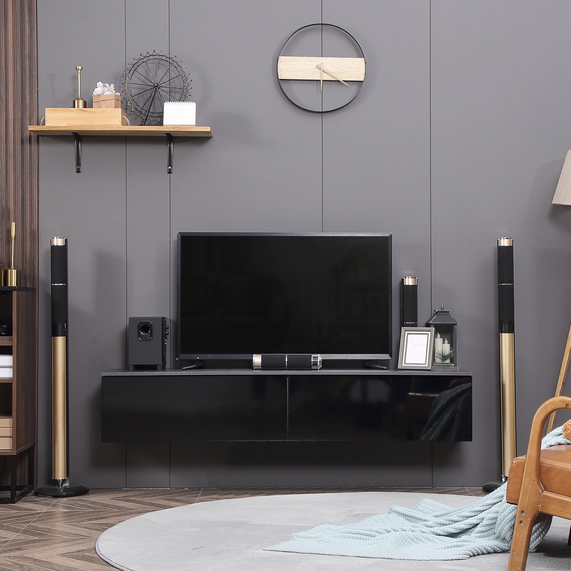 High Gloss Wall Mounted Floating TV Stand 160cm Wide With Flip Up Door - Velmora