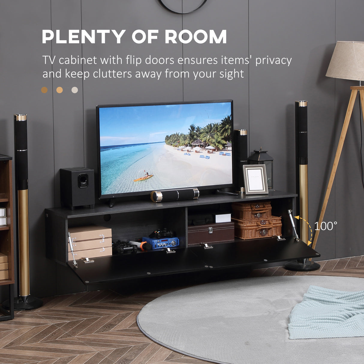 High Gloss Wall Mounted Floating TV Stand 160cm Wide With Flip Up Door - Velmora