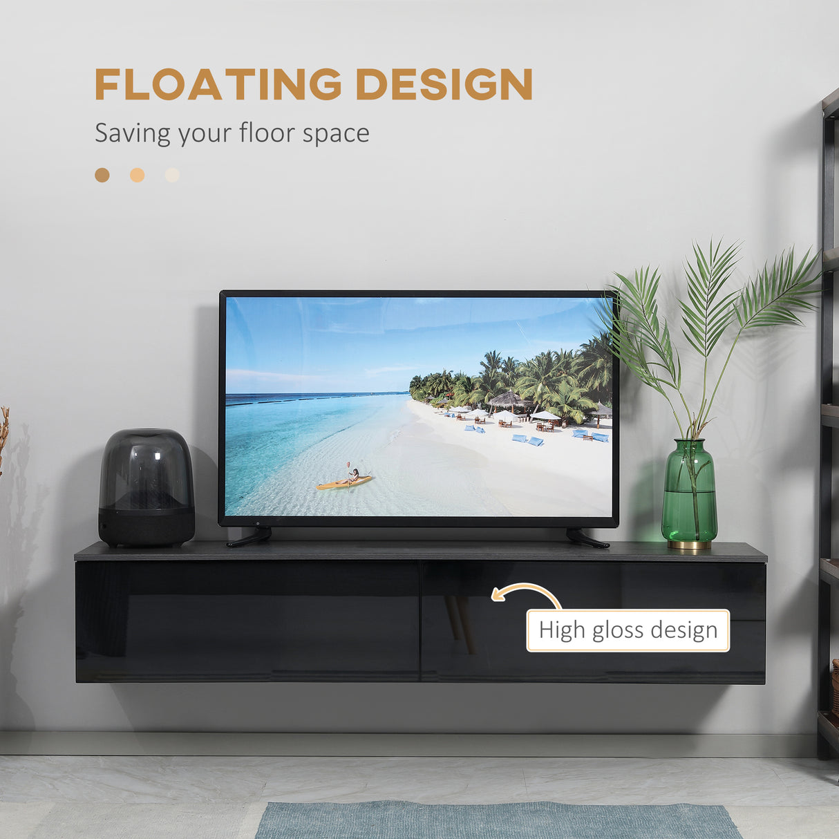 High Gloss Wall Mounted Floating TV Stand 160cm Wide With Flip Up Door - Velmora