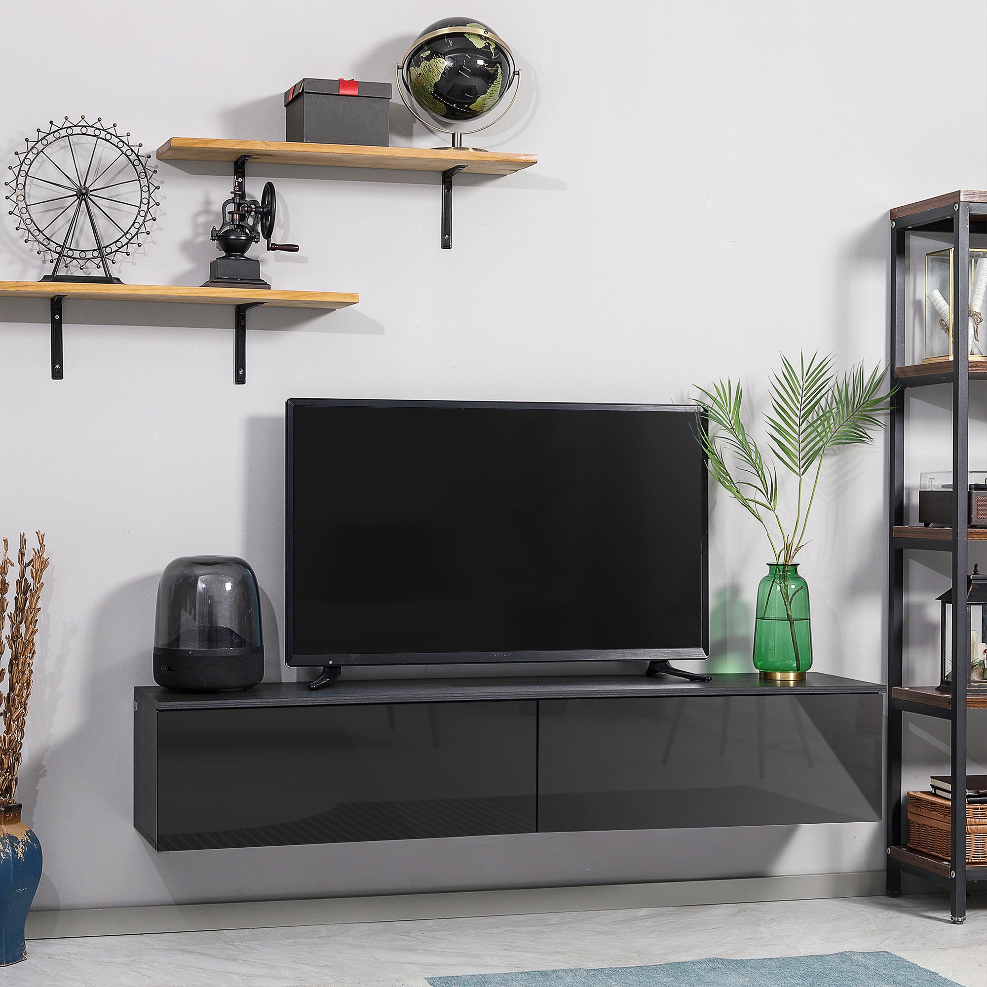 High Gloss Wall Mounted Floating TV Stand 160cm Wide With Flip Up Door - Velmora