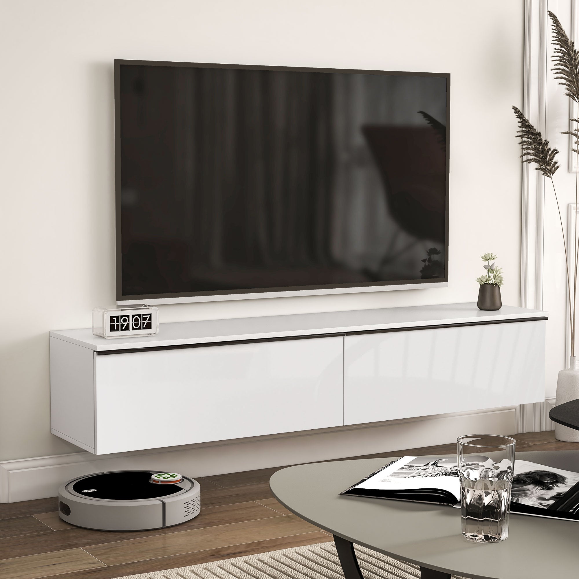 High Gloss Wall Mounted Floating TV Stand 160cm Wide With Flip Up Door - Velmora