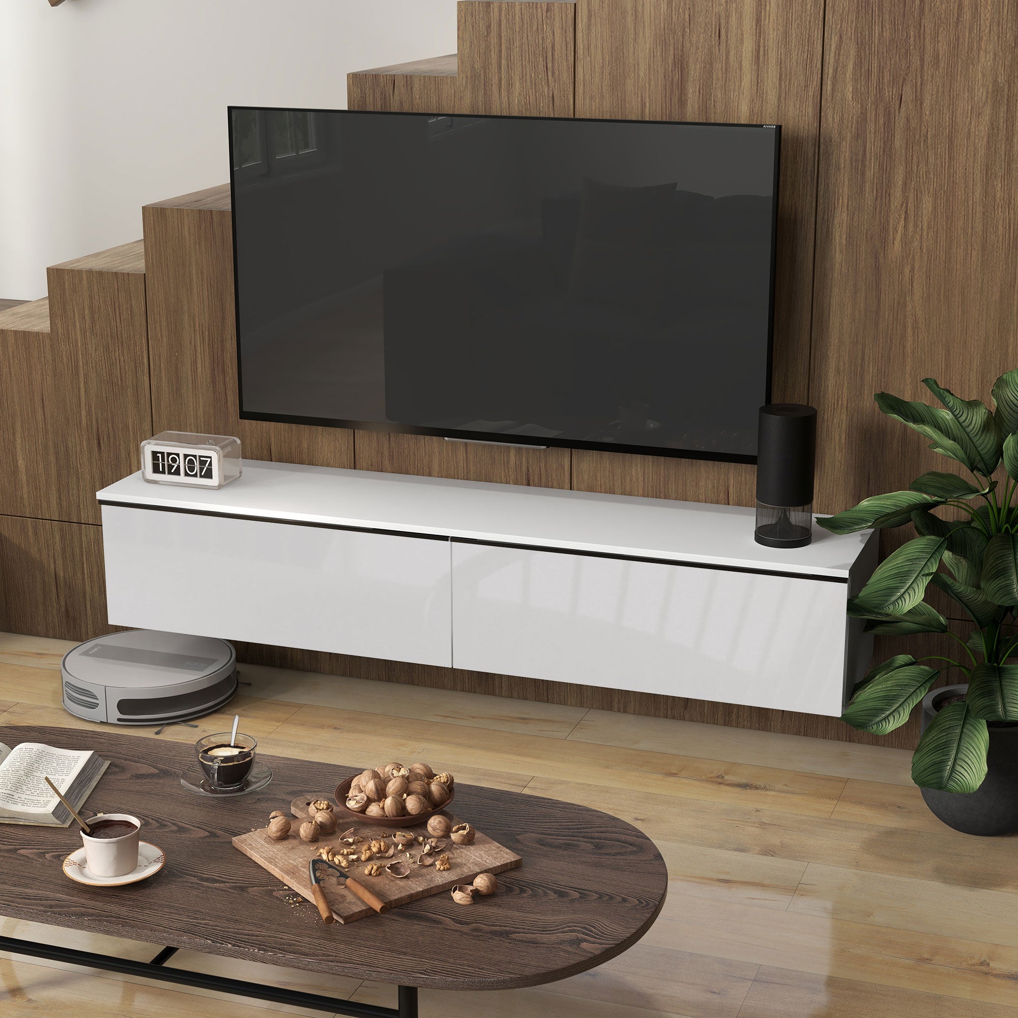 High Gloss Wall Mounted Floating TV Stand 160cm Wide With Flip Up Door - Velmora