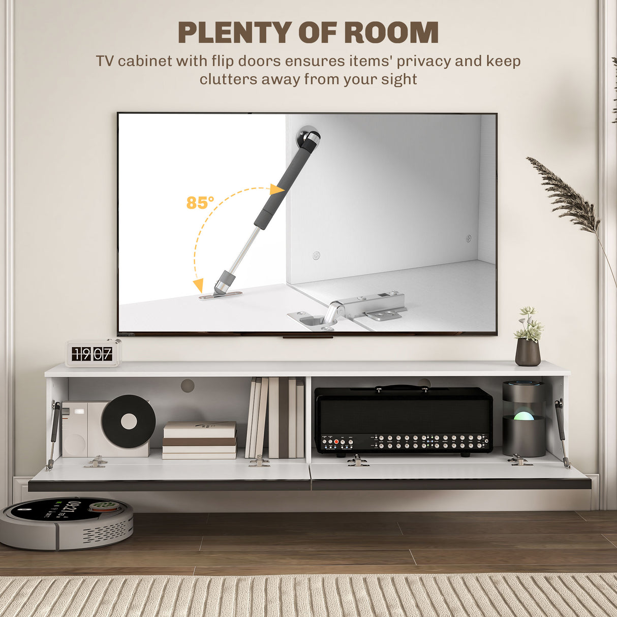 High Gloss Wall Mounted Floating TV Stand 160cm Wide With Flip Up Door - Velmora