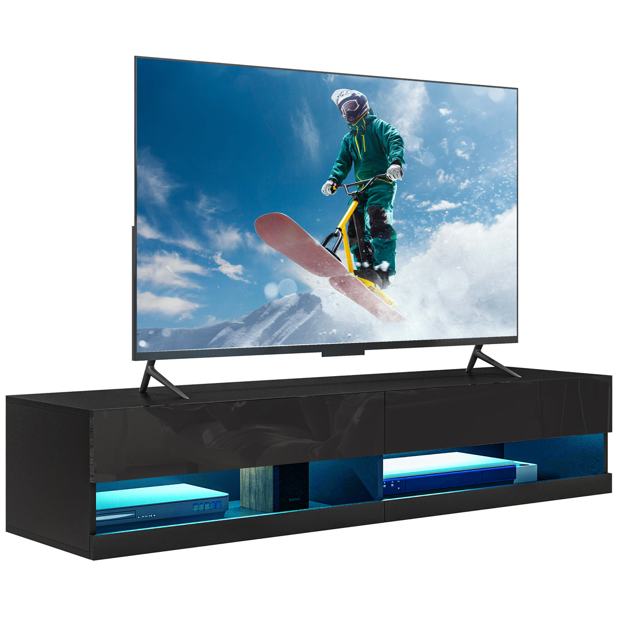 High Gloss Wall Mounted TV Stand 150cm Wide With LED Lights - Velmora