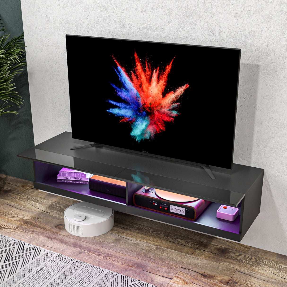 High Gloss Wall Mounted TV Stand 150cm Wide With LED Lights - Velmora