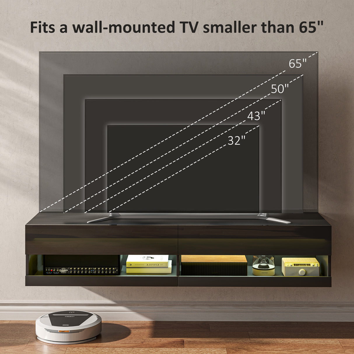 High Gloss Wall Mounted TV Stand 150cm Wide With LED Lights - Velmora