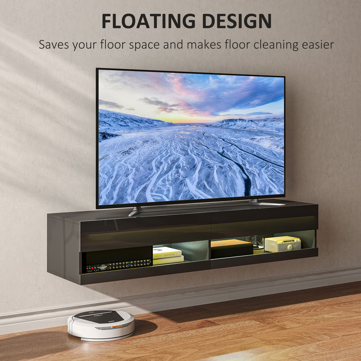 High Gloss Wall Mounted TV Stand 150cm Wide With LED Lights - Velmora