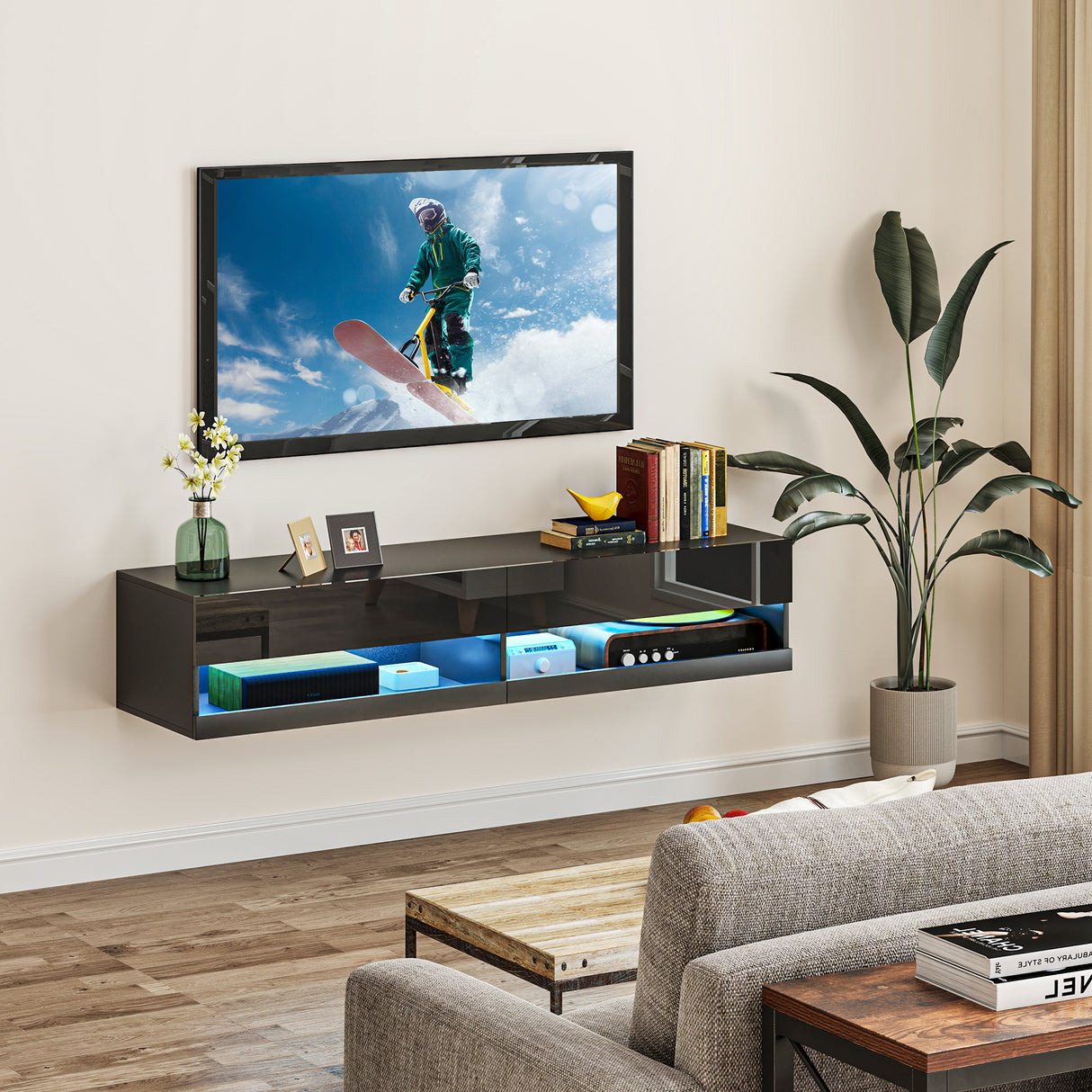 High Gloss Wall Mounted TV Stand 150cm Wide With LED Lights - Velmora
