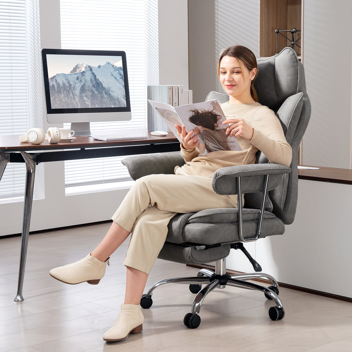Leathaire Fabric Home And Office Chair 76cm Wide With Lumbar Support Pillow - Velmora