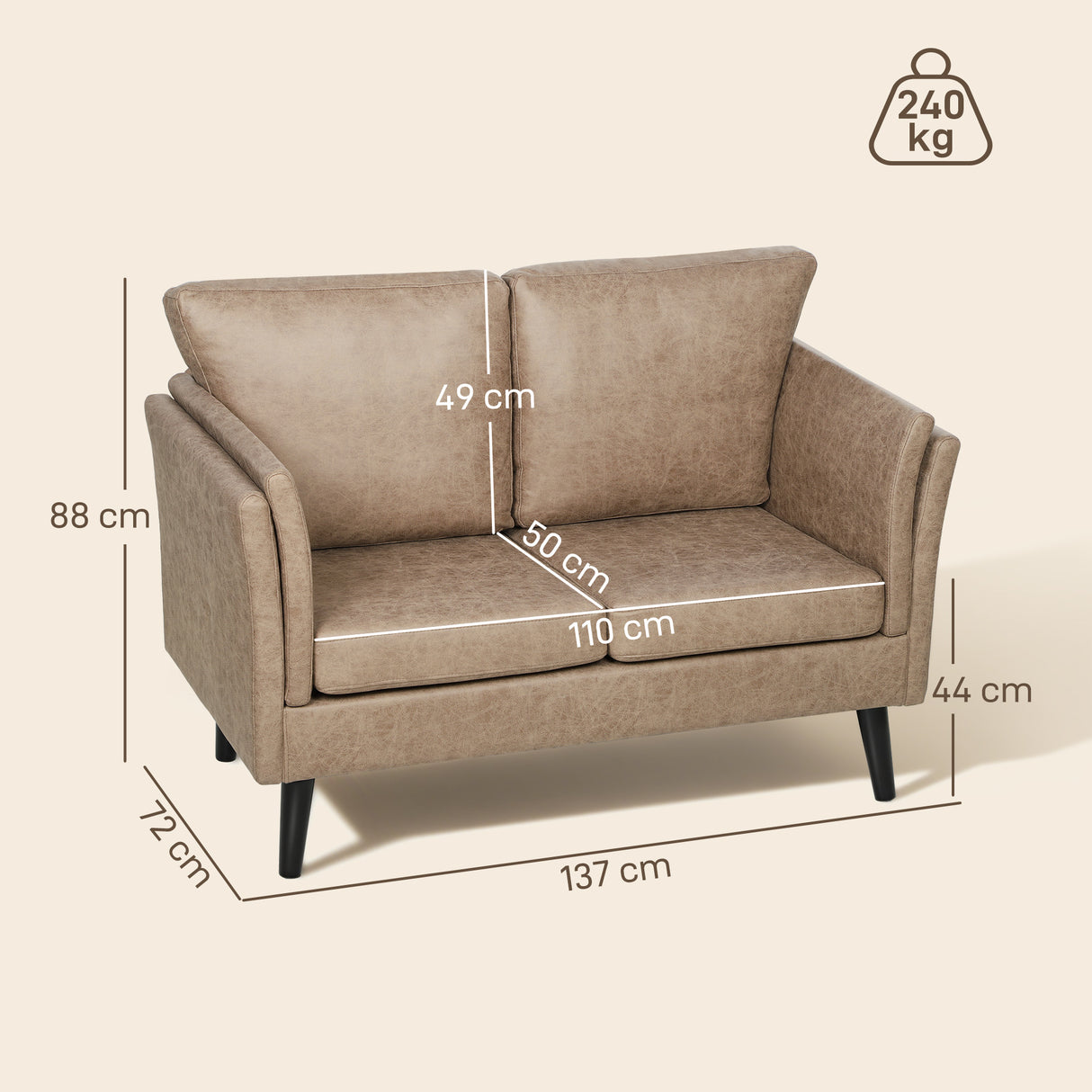 Leathaire Faux Leather 2 Seater Sofa 137cm Wide With Wooden Legs - Velmora