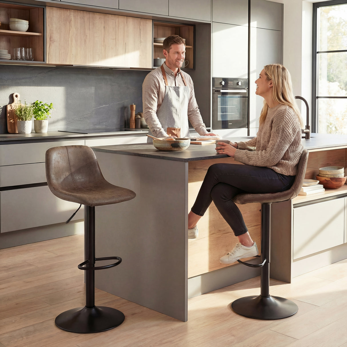 Leathaire Faux Leather Bar Stools in Set Of 2 With Footrest - Velmora