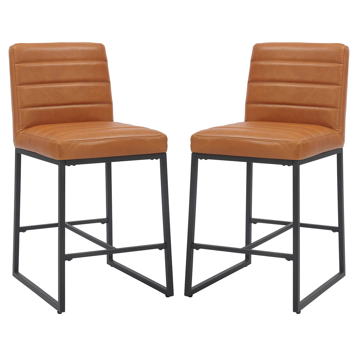Leather Bar Stools in Set Of 2 With Black Sturdy Metal Frame - Carlton
